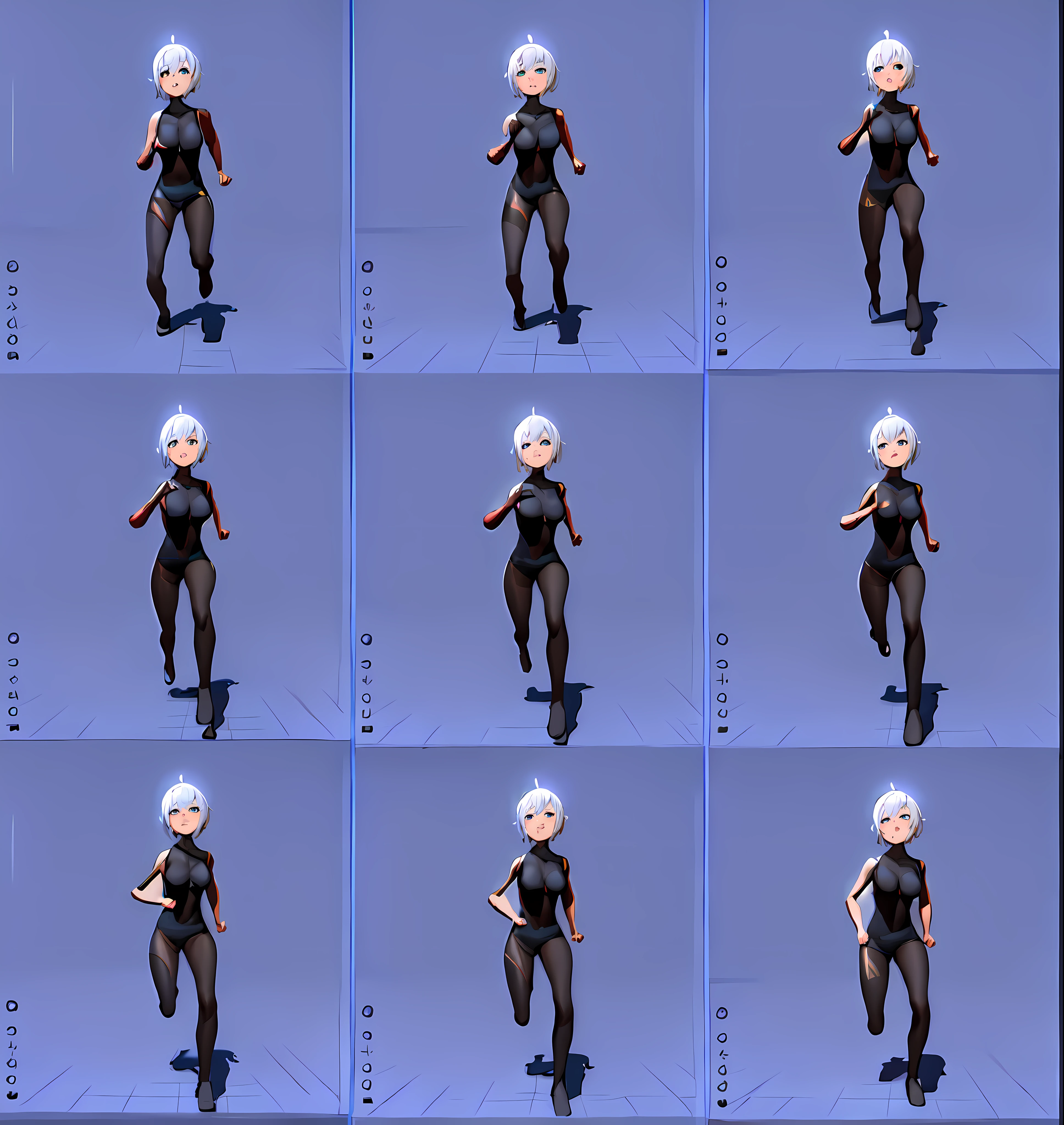 (((( same character )))) , multiple views, front view, (((character design sheet, same character))), ((character concept art)), anime character design, highly detailed character design, maple story character art,((Best quality)), ((masterpiece)), ((highly intricate details)),beautiful, high quality, highres, absurdres, light difussion, intricate details, complex details, ((anime)), (anime:1.2) , (perfect face:1.3),colorful, highest detailed, vibrant colors, high contrast, (8K UHD:1.2), (photorealistic:1.2),(masterpiece:1.4), (best quality:1.4),extremely detailed wallpaper, highly detailed illustrations,(super-complex details) , 4K unified, (super-detailed CG: 1.2) , (8K: 1.2),(original), (masterpiece) , (best quality) , (reality: 1.3) , photorealistic, Octane rendering, (surreal: 1.2) ,((masterpiece:1.4, best quality:1.2)), anime 1girl, with green_eyes, short_hair, anime full body illustration, full body cgsociety, full body, full body illustration, sona is a slim, full body portrait of a short!, loish |, demon girl, black sketch, detailed_hair, detailed_natural_skin, close-up of a cartoon woman with white hair, oppai proportions, seductive anime girl, full body zenkai!, oppai, biomechanical oppai, covered breasts and sfw, anime moe artstyle with big breasts, white skin, very white skin, skin exposition, oppai proportions, different full body view, multiple poses, various poses, different poses, various pose, sprite sheet, black clothes, all black clothes, (((( same character )))), the anime girl is running, running sequence, various pose, default pose neutral expression, fullbody dynamic poses, character animation, running pose, dynamic poses, dynamic pose perspective, pose reference, style of titmouse animation, full body with dynamic pose, fullbody shot turnaround, various action poses