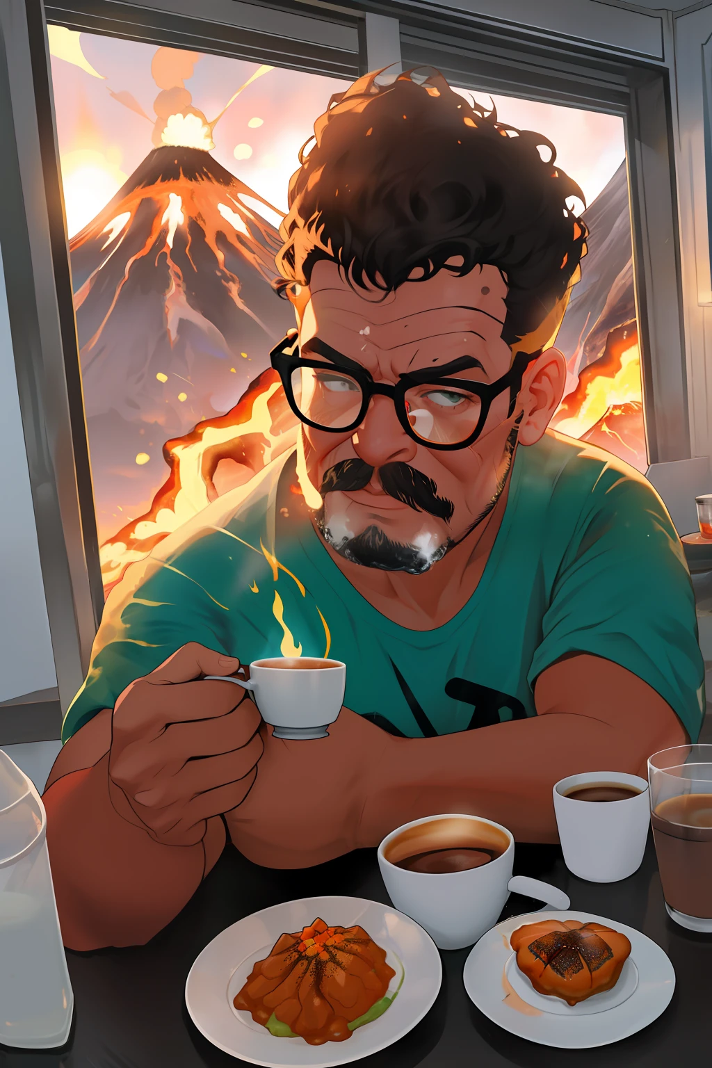 retrato realista de um homem de oculos barba e bigode, rosto definido e detalhado, with a cup of coffee in your hands. Ele esta sentado em uma cafeteria charmosa. Through the window you can see a (volcano erupting with lava and fire:1.3). Cena fantasiosa e realista. Detalhada e sensacionalista. 8k. UHD