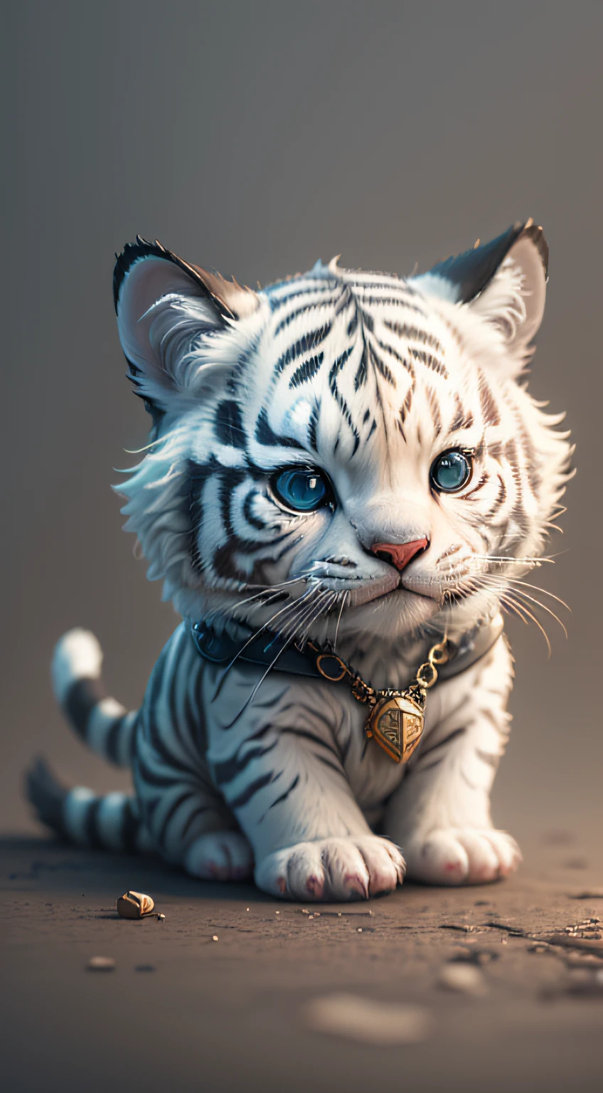 cute tiny hyperrealistic white tiger with different color eyes waring a necklace, Chibi, adorable and fluffy, logo design, cartoon, cinematic lighting effect, charming, 3D vector art, cute and quirky, fantasy art, bokeh, hand-drawn, digital painting, soft lighting, isometric style, 4K resolution, photorealistic rendering, highly detailed clean, vector image, photorealistic masterpiece, professional photography, simple space backdrop, flat white background, isometric, vibrant vector