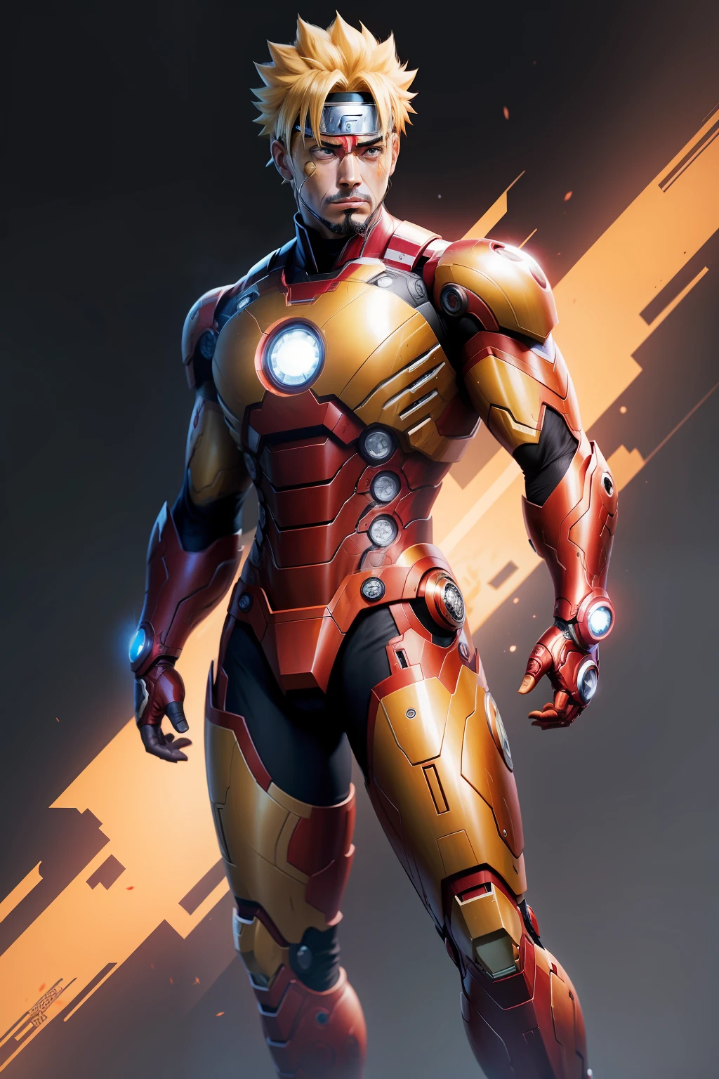 Naruto fusion Iron Man detailed, fundo tema. crie um personagem fundido