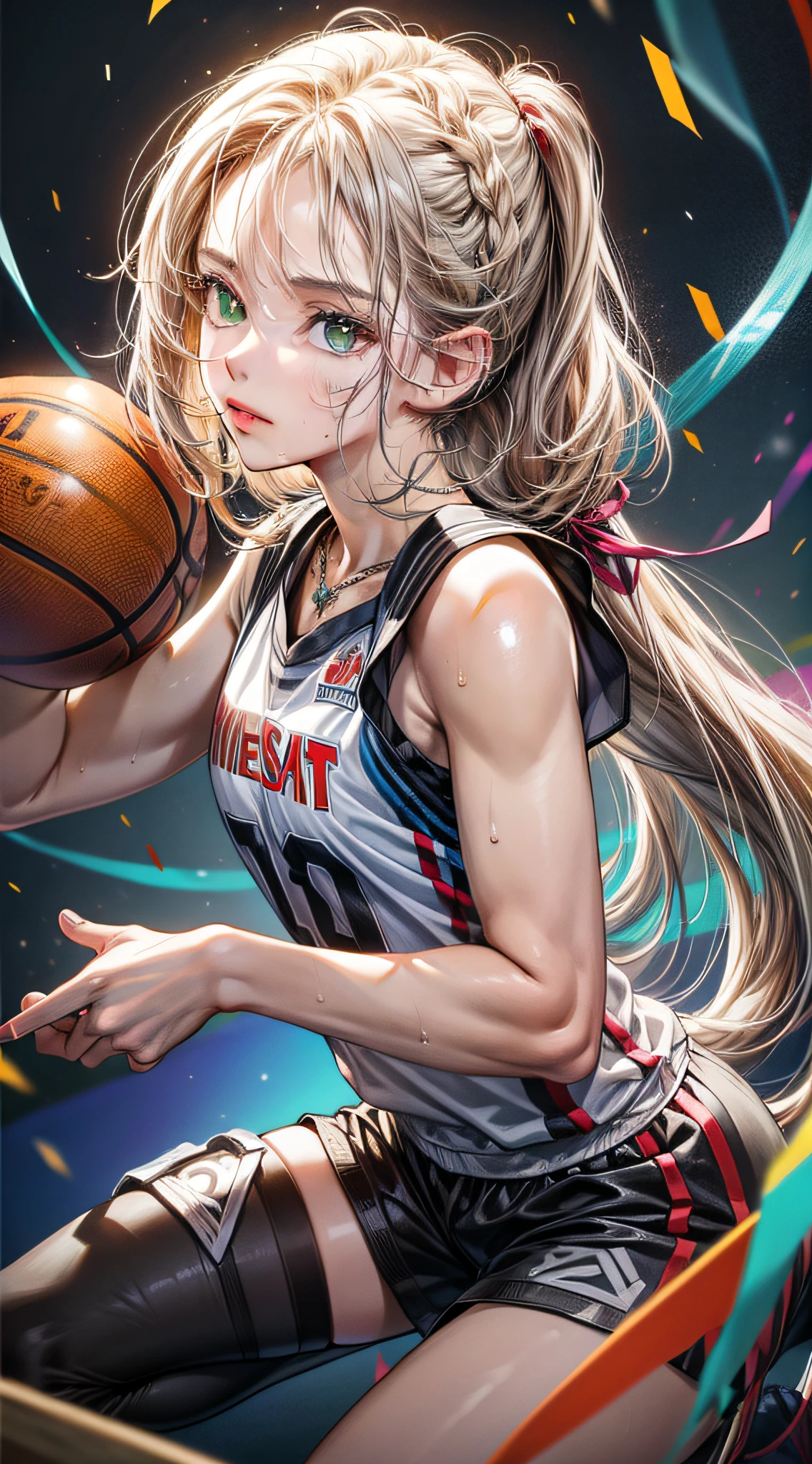 1girl, full body, very tall, athletic body, lean body, dark skin tone, long white hair, hair 2 long braids, muscles, green eyes, sweaty, tired, serious, basketball jersey, micro shorts, necklace, basketball court, (masterpiece, best quality, high resolution, ultra detailed), night, depth of field, still looking at viewer, low angle, bottom-up view, (incredibly detailed, expressive image)
