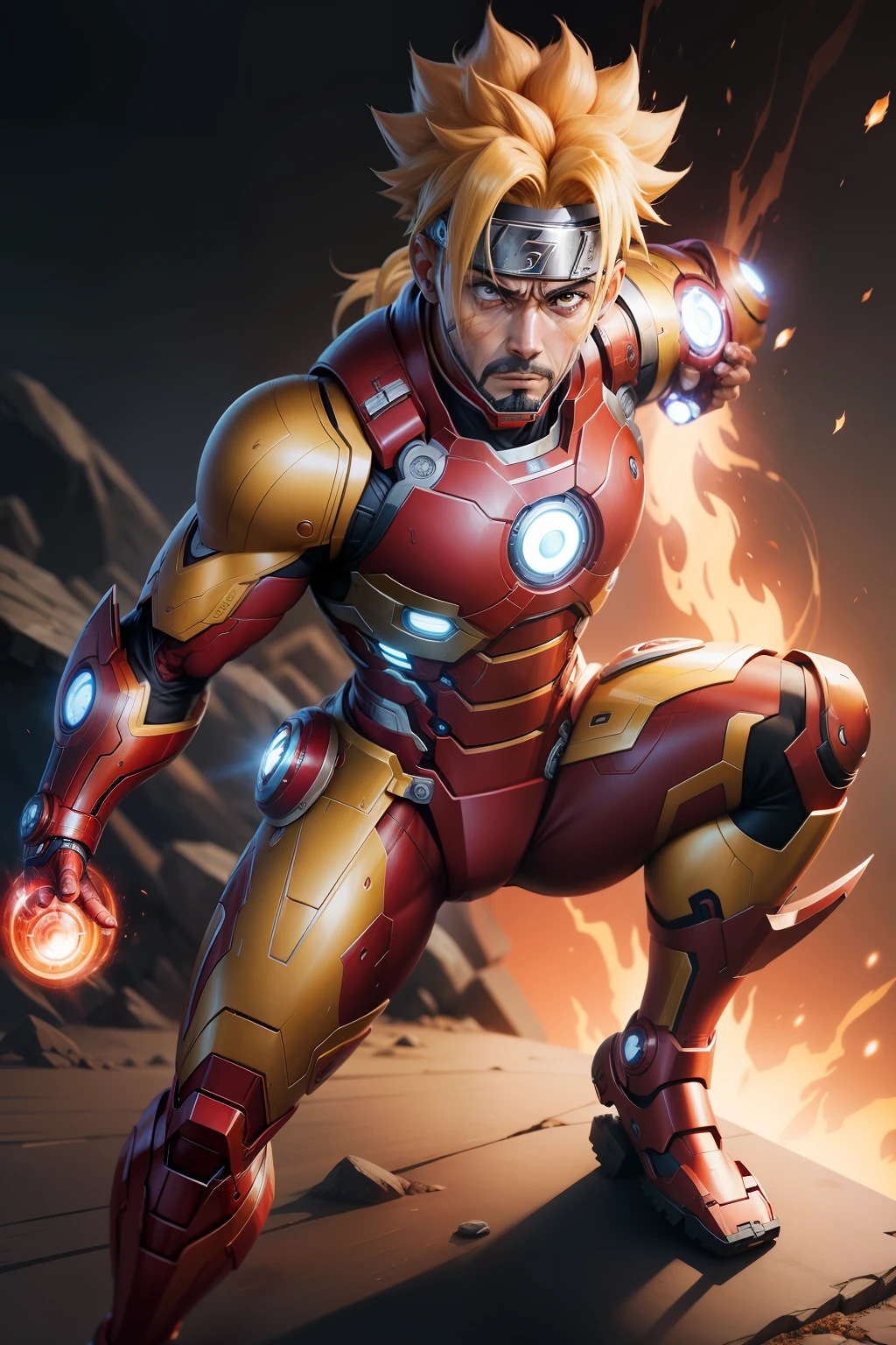 Naruto fusion Iron Man detailed, fundo tema. crie um personagem fundido