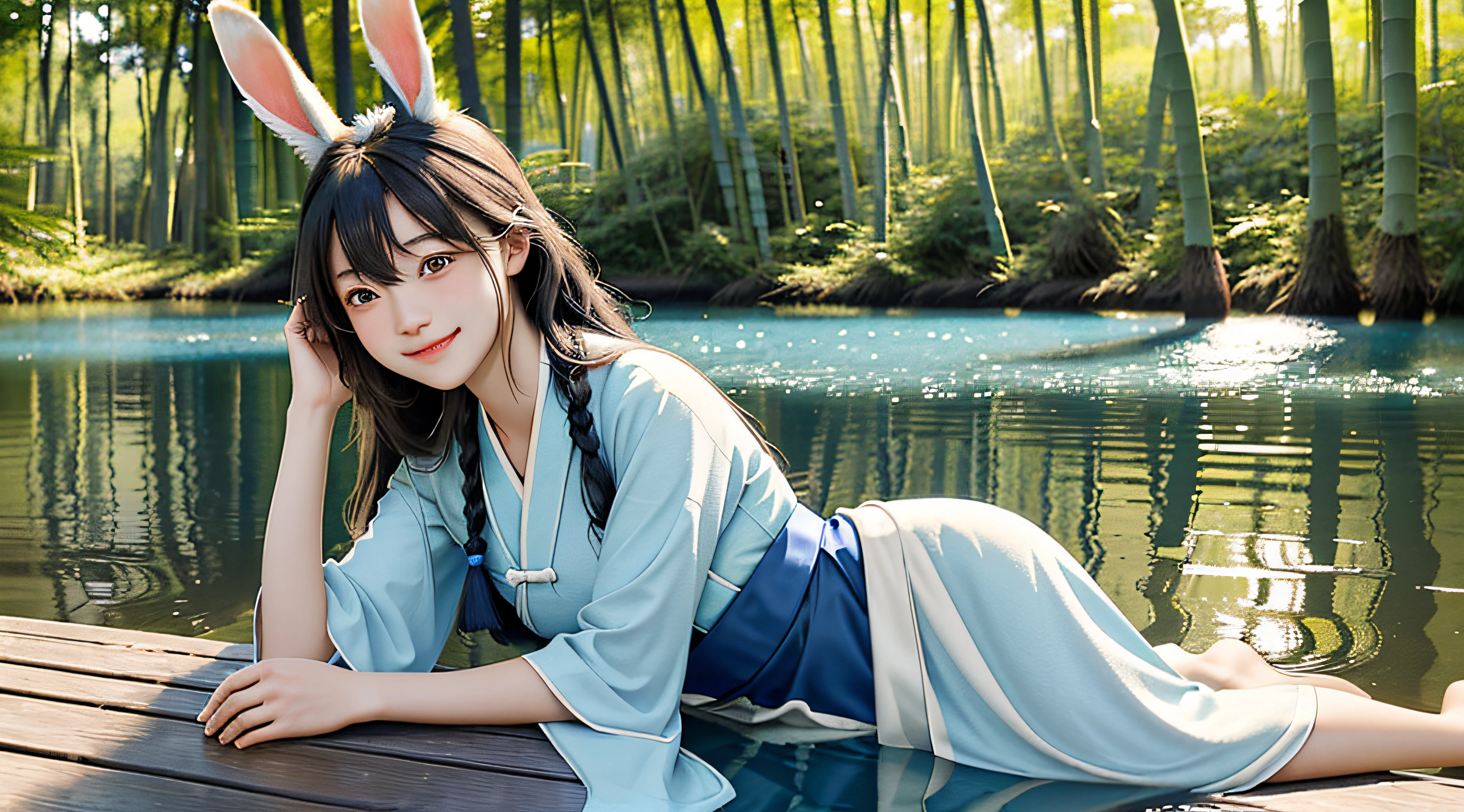 In a blue sky,There are seven rainbows of summer in the bamboo forest under the daytime,and the sun was shining brightly,There is soft natural light, dingdall effect,An intimate portrait of a young girl about eighteen years old,The girl's appearance is thick eyebrows,There are big watery eyes,The girl has long silver hair,Bangs between the eyebrows,Double up braid,The head is worn with ornaments of rabbit ears,She blushed,Sitting alone on a wooden pier in light blue Hanfu,A wooden pier juts out onto the tranquil lake,The girl closed her mouth and smiled at the viewer,Hands resting naturally and easily on your knees,A happy smile on his face。The sun casts a warm glow on the scene,Illuminates the ripples in the water,Cast a soft shadow on the girl's face。Behind her,A dense forest stretches into the distance,The green bushes contrast with the pale blue sky above。Despite the tranquility of the surroundings,But there was a clear sense of joy in the girl。