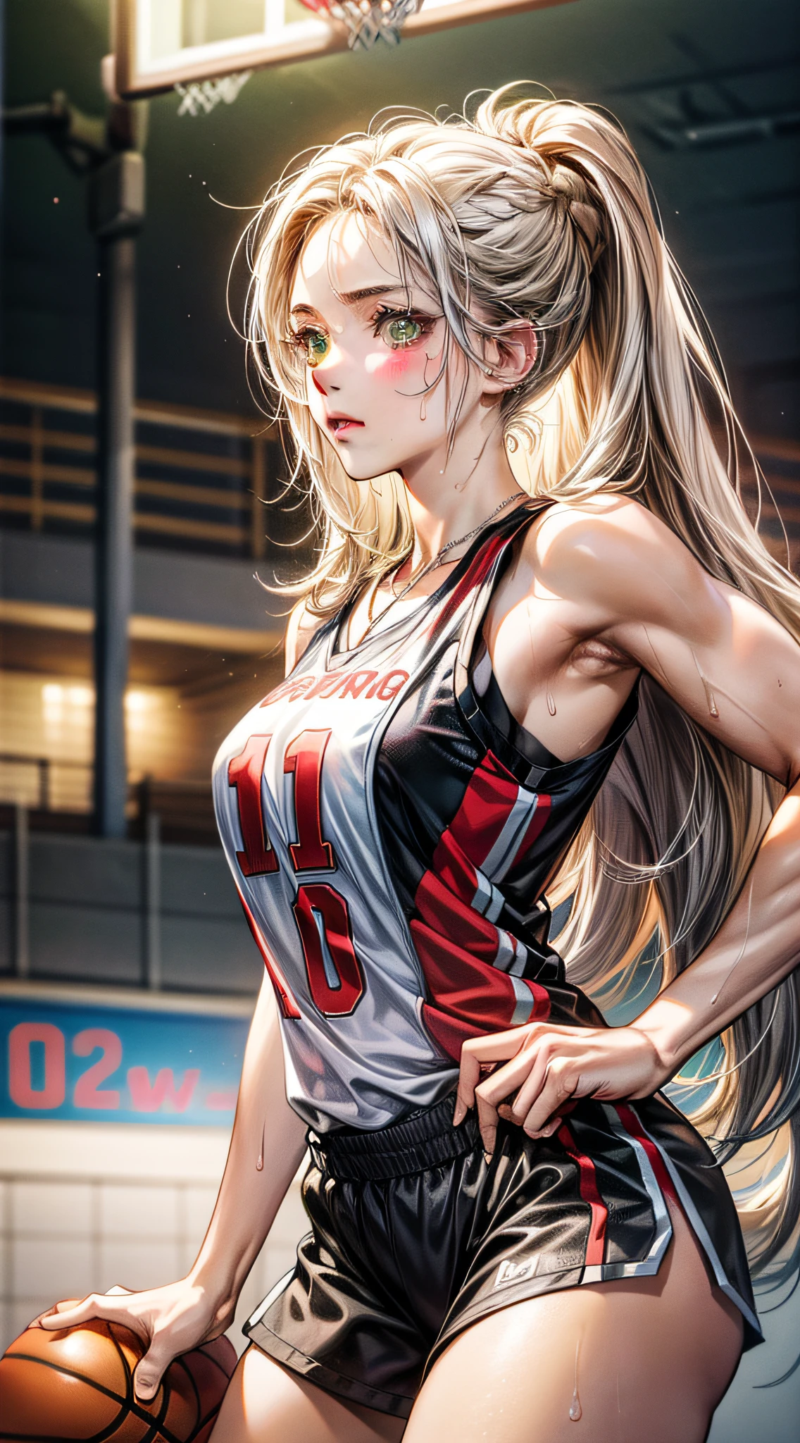 1girl, full body, very tall, athletic body, lean body, dark skin tone, long white hair, hair 2 long braids, muscles, green eyes, sweaty, tired, serious, basketball jersey, micro shorts, necklace, basketball court, (masterpiece, best quality, high resolution, ultra detailed), night, depth of field, still looking at viewer, low angle, bottom-up view, (incredibly detailed, expressive image)