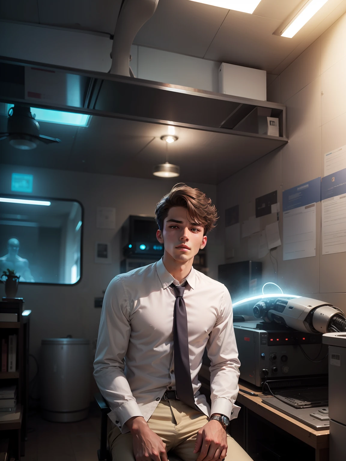 "Handsome young man with a robotic body in a mysterious ghostly background."