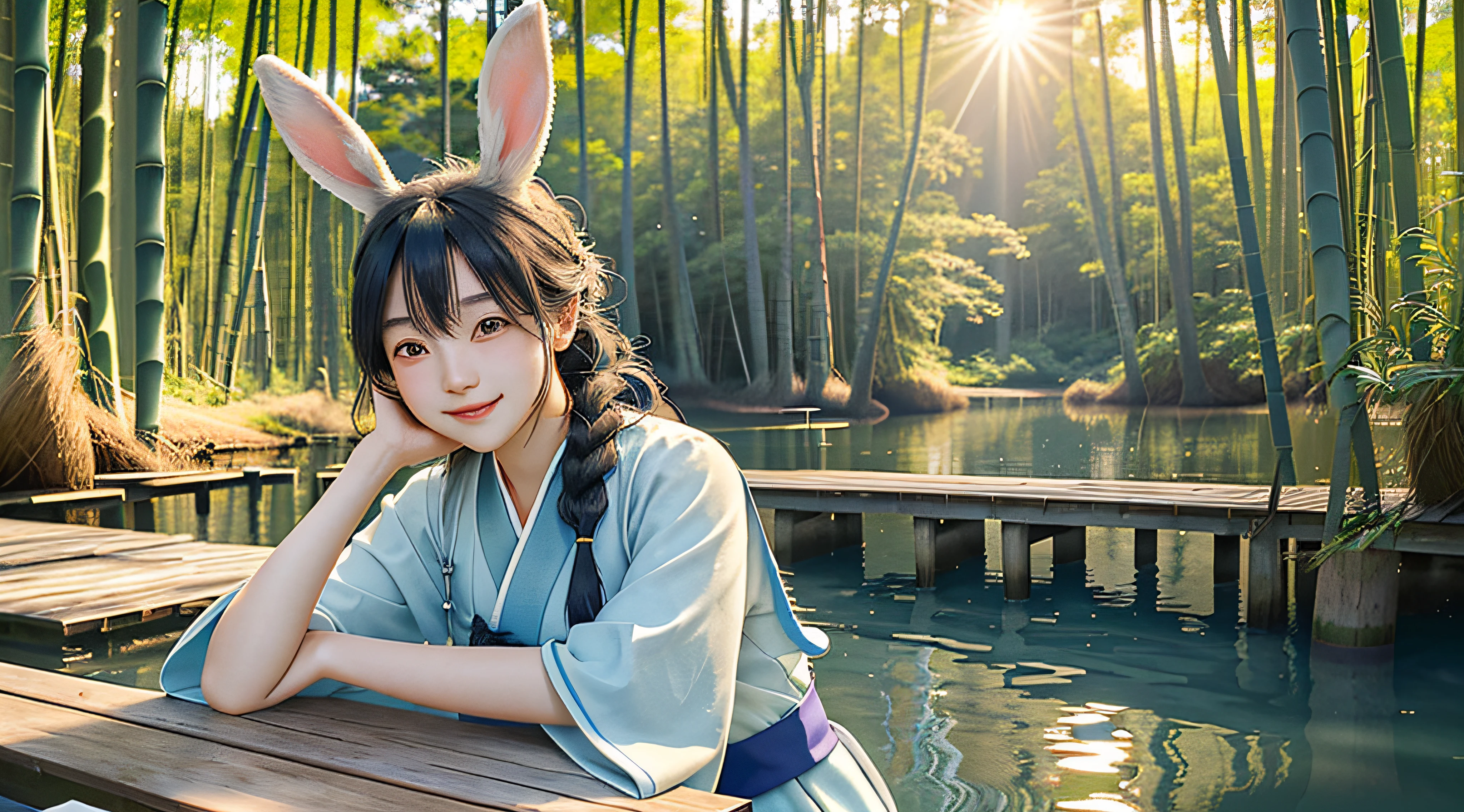 In a blue sky,There are seven rainbows of summer in the bamboo forest under the daytime,and the sun was shining brightly,There is soft natural light, dingdall effect,An intimate portrait of a young girl about eighteen years old,The girl's appearance is thick eyebrows,There are big watery eyes,The girl has long silver hair,Bangs between the eyebrows,Double up braid,The head is worn with ornaments of rabbit ears,She blushed,Sitting alone on a wooden pier in light blue Hanfu,A wooden pier juts out onto the tranquil lake,The girl closed her mouth and smiled at the viewer,Hands resting naturally and easily on your knees,A happy smile on his face。The sun casts a warm glow on the scene,Illuminates the ripples in the water,Cast a soft shadow on the girl's face。Behind her,A dense forest stretches into the distance,The green bushes contrast with the pale blue sky above。Despite the tranquility of the surroundings,But there was a clear sense of joy in the girl。