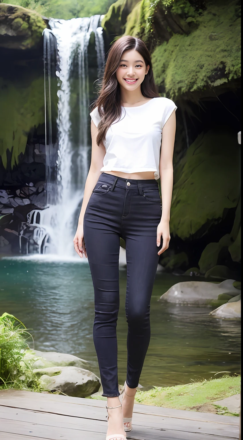 Black skinny denim wide-leg pants,Girls around 20 years old,(Gray hair),A sweet smile,Delicate and beautiful white goddess,ssmile,Fine facial features,Hair over the shoulder,A brown-haired,long leges,rays of sunshine,facing at camera,The body is well-proportioned and firm,Gentle eyes,fine thighs,stand posture,Stand next to the waterfall,Full body photo
