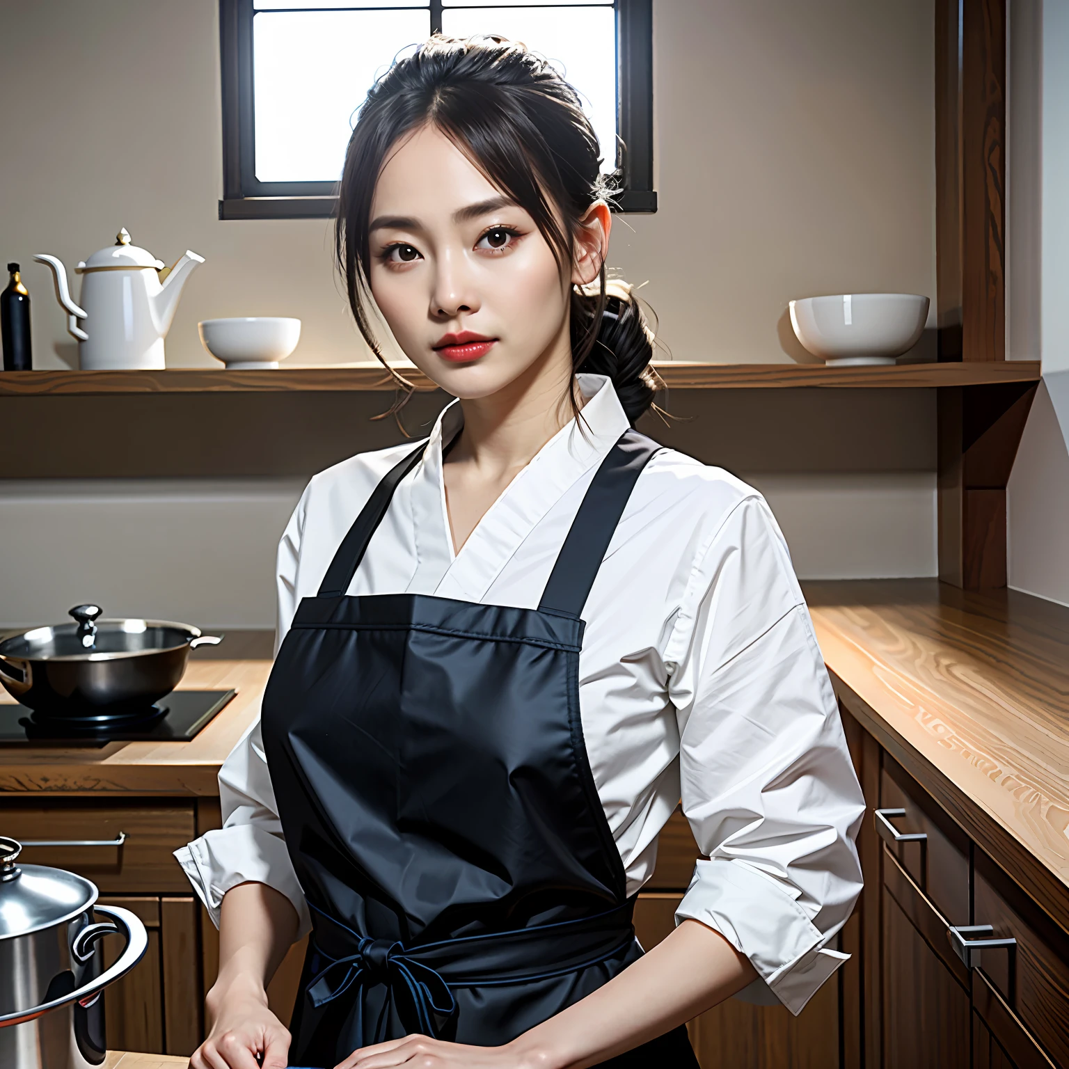 Best quality, Hyper-realistic, insanely details, Beauty, Cute, In the kitchen stood a woman in a black apron, wearing apron, ( woman samurai ) Girl, Korean woman, white waist apron and undershirt, sakimichan hdri, Korean girl, rendered in corona, beautiful Korean women, elegant japanese woman, 8K portrait rendering, A Japanese lady, rendered in povray, standing in a restaurant