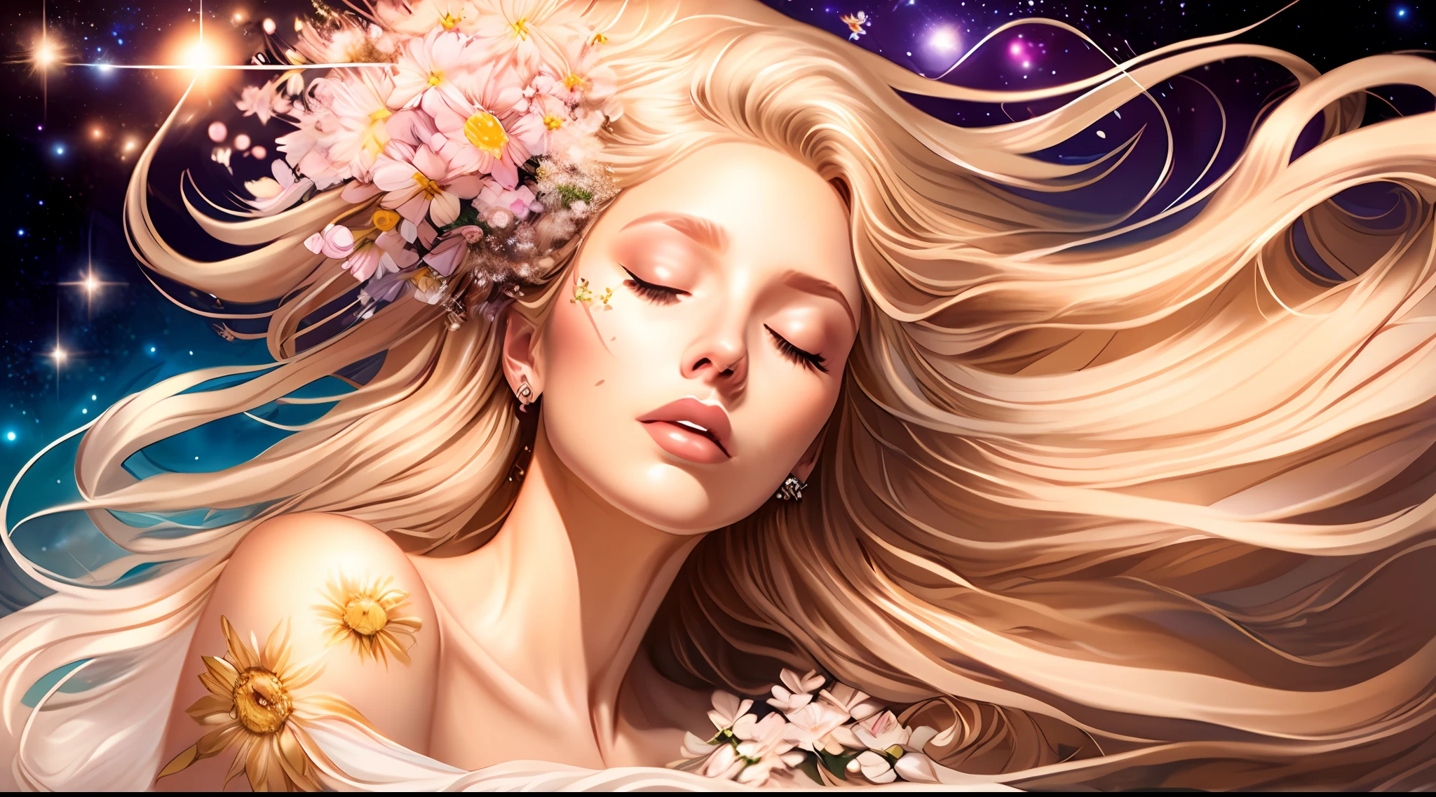 "Por favor, Create an ultra-realistic image of a blonde woman with flowing hair and flowers around, Lying with her eyes closed in outer space. She must have an angelic and dazzling appearance, como se fosse uma figura de uma fantasia encantada. A imagem deve ser iluminada pela luz suave da lua que brilha ao fundo, giving a sense of serenity and magic at the same time."