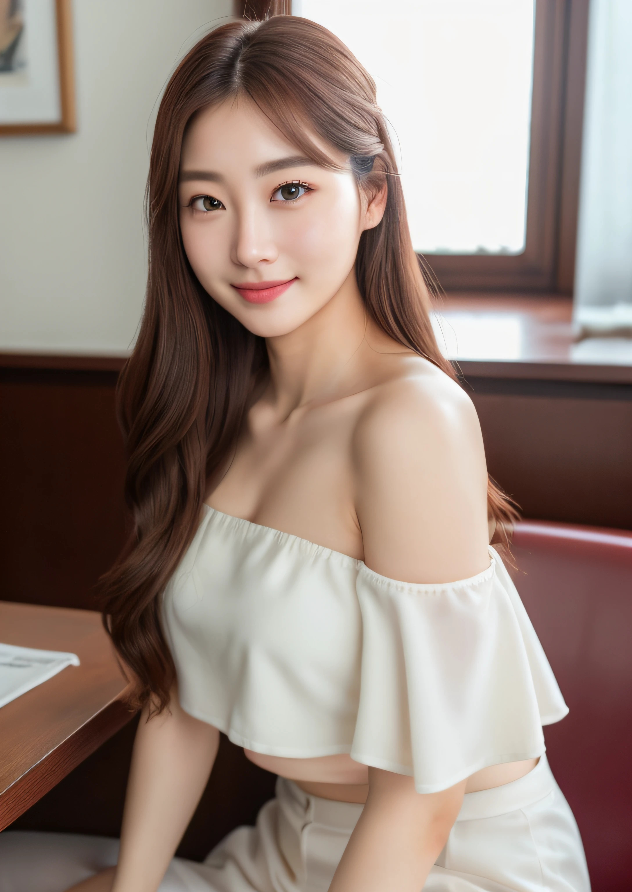((nsfw))、8k、RAW Photography、top-quality、超A high resolution、Photorealsitic、Realistic photo of a girl in a crop top、bare shoulders​、JINS、Sitting at the diner、Beautiful fece、A detailed face、detaileds、hight resolution、realisitic、Photorealsitic、full bodyesbian、From head to toe、the feet、Matte skin、pores、wrinkled、(the Extremely Detailed CG Unity 8K Wallpapers)、photo of the most beautiful artwork in the world、 Professional Majestic(Photo by Steve McQuarrie)、8K UHD、Digital SLR、Soft lighting、hightquality、film grains、Fujifilm XT3 sharp focus、f 5.6、High Details、foco nítido、Dramatic、(look at viewr:1.2)、(natural soft light)、Elbows on the desk and arms supporting his face、Little devilish smile