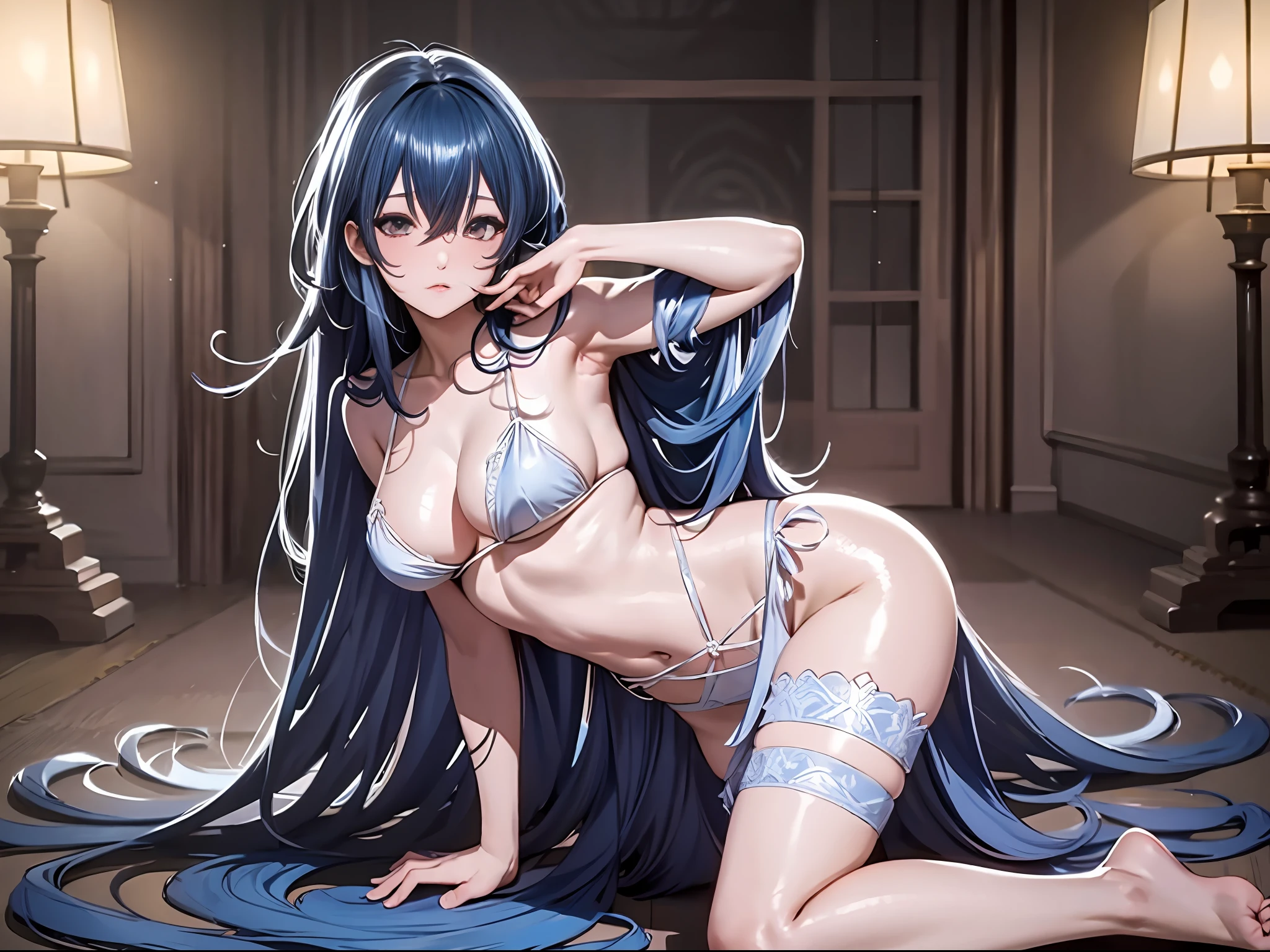 (Enrich the picture,Masterpiece level quality)Beautiful 8K CG artwork,Goddess-like posture,Kneeling exercise,Slim and soft,Translucent skin,Blue hair、The beauty of extra-long hair, Super Long Straight Hair,The skin is fair and juicy,Big JK Uniform,Perspective Part 1.2x enhanced silhouette effect,Exquisite transparent blues pattern in pajamas,The details are intricate and exquisite,The background is slightly blurred,Charming and lustful leg seduction,Drool,Extra-large big breasts,Blush,Japan goddess,