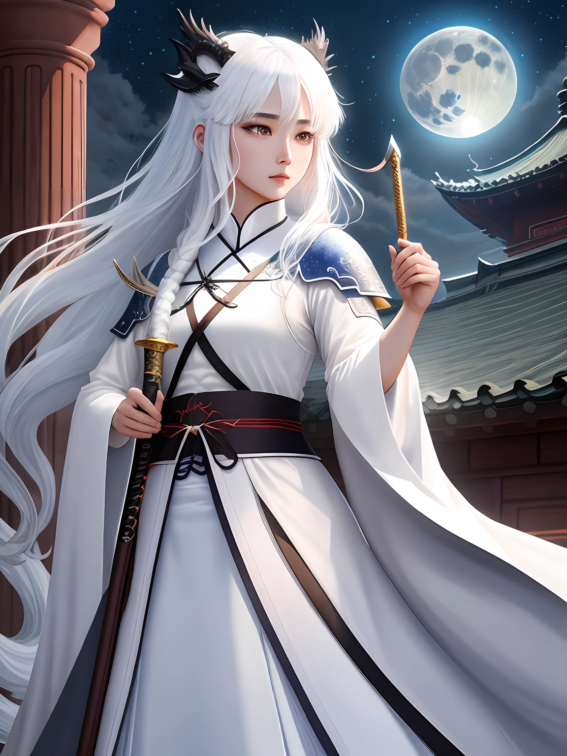 Under the moon:3.10 High quality，8K dragon-shaped creatures，long  white hair，Sword in hand, On the roof，Black Hanfu Cold