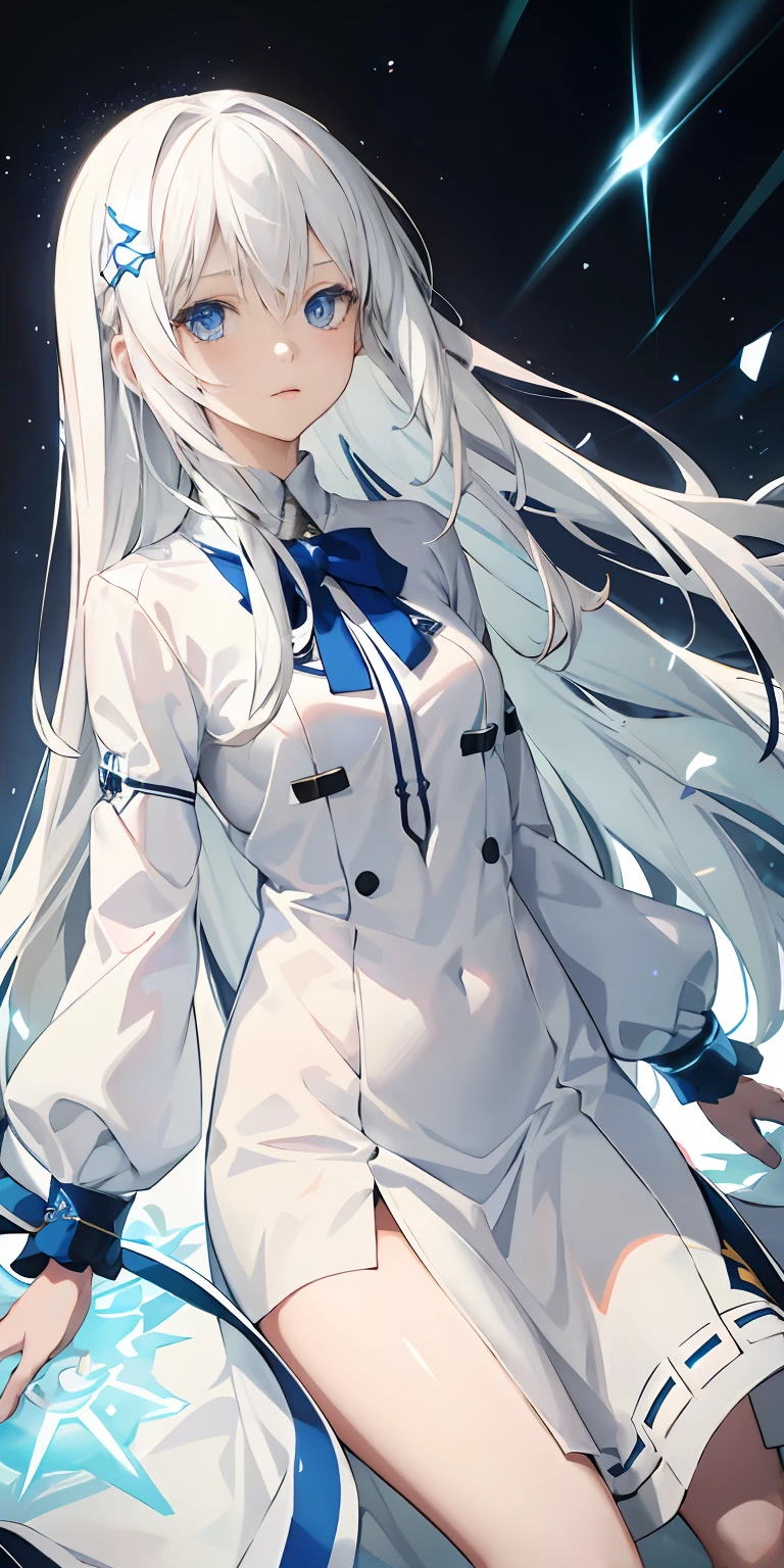 Anime, 1girl, white hair, blue eyes, light particles, light rays, long hair, white shirt, sanctuary,