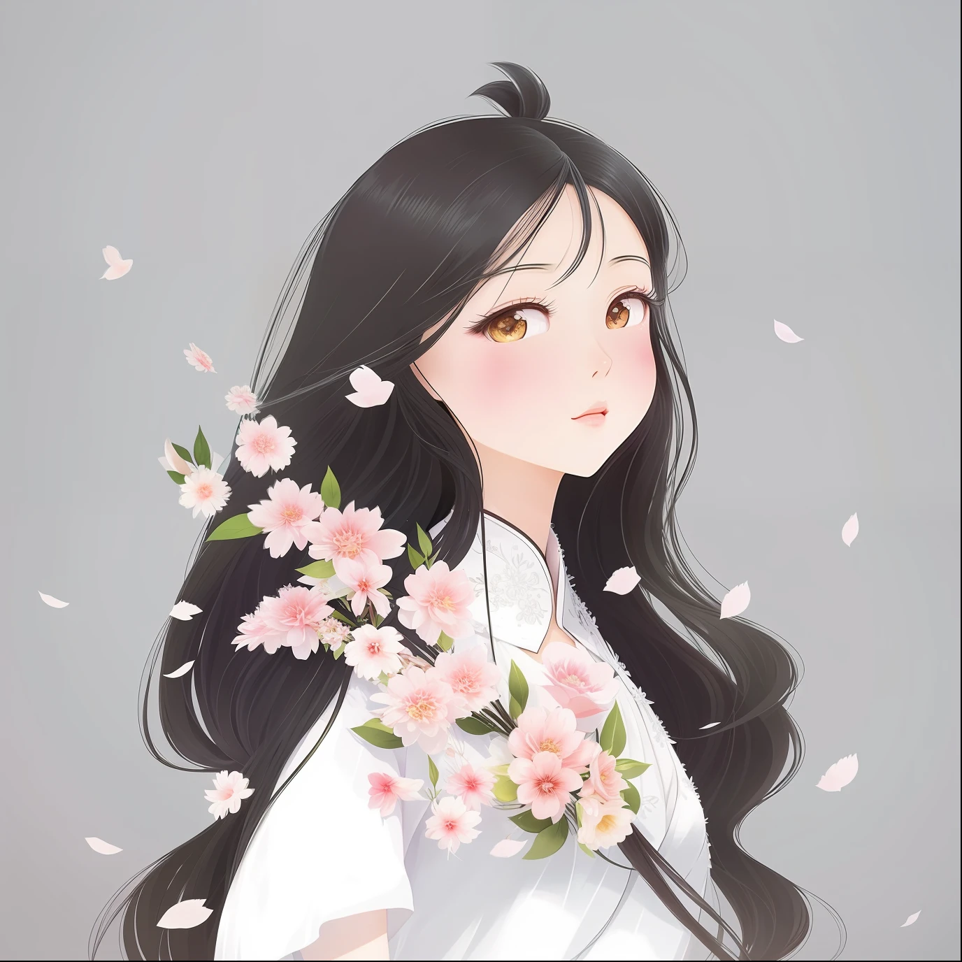 A painting of a woman with long black hair and a white dress, Soft anime illustration, By Ni Duan, with frozen flowers around her, Beautiful character painting, A beautiful artwork illustration, author:Mei Qing, lovely art style, inspired by Ma Yuanyu, anime illustration, cute illustration, Cute detailed digital art, beautiful drawing style, by Ai Xuan, japanese illustrator