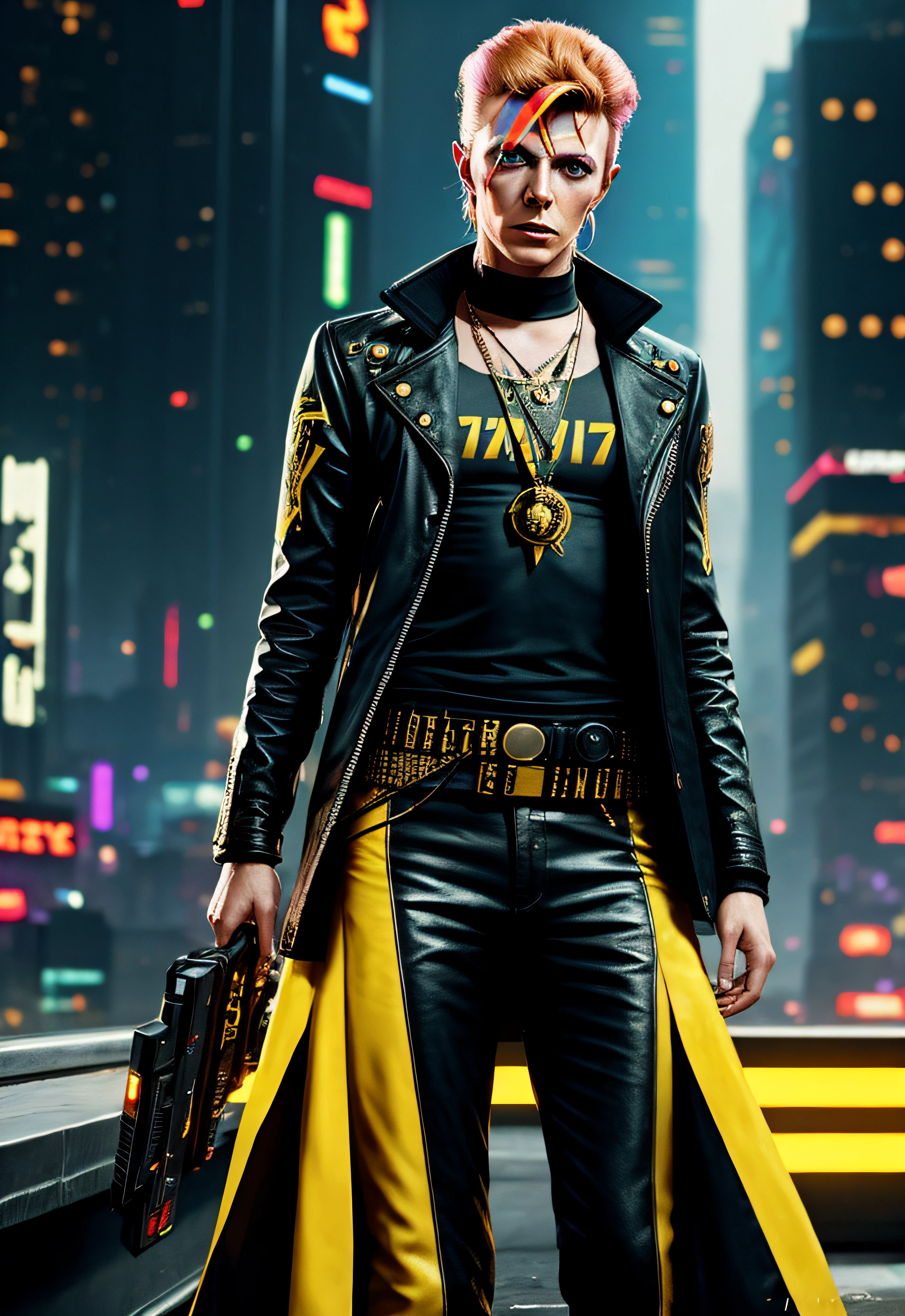 a painting of a DAVID BOWIE, background, style Cyberpunk 2077, band of gold round his breasts