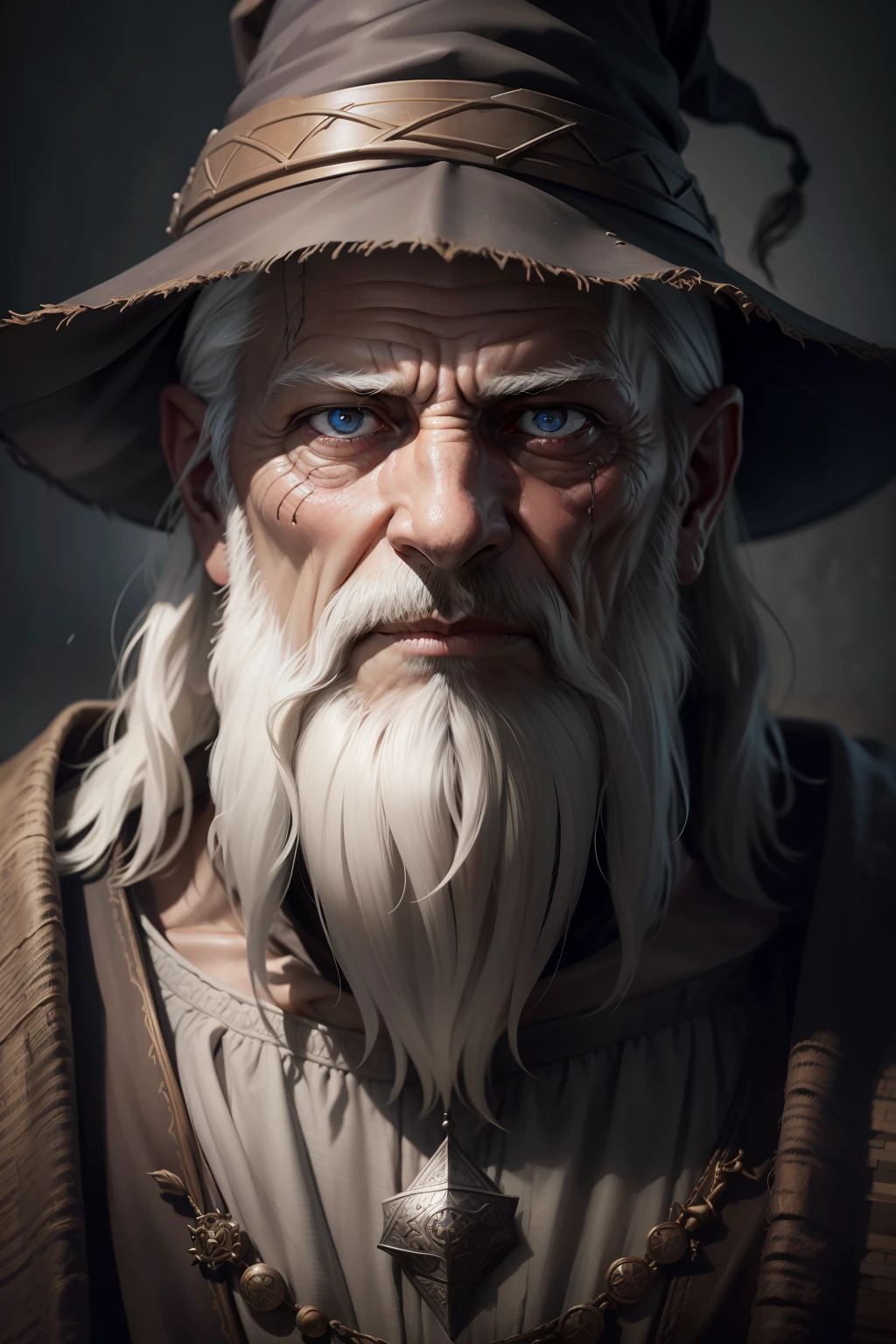 A portrait of a wizard, bearded, wrinkled, weathered, with piercing eyes, detailed face, high details, photography, dark studio, rim light, Nikon D850, 50mm, f/1.4