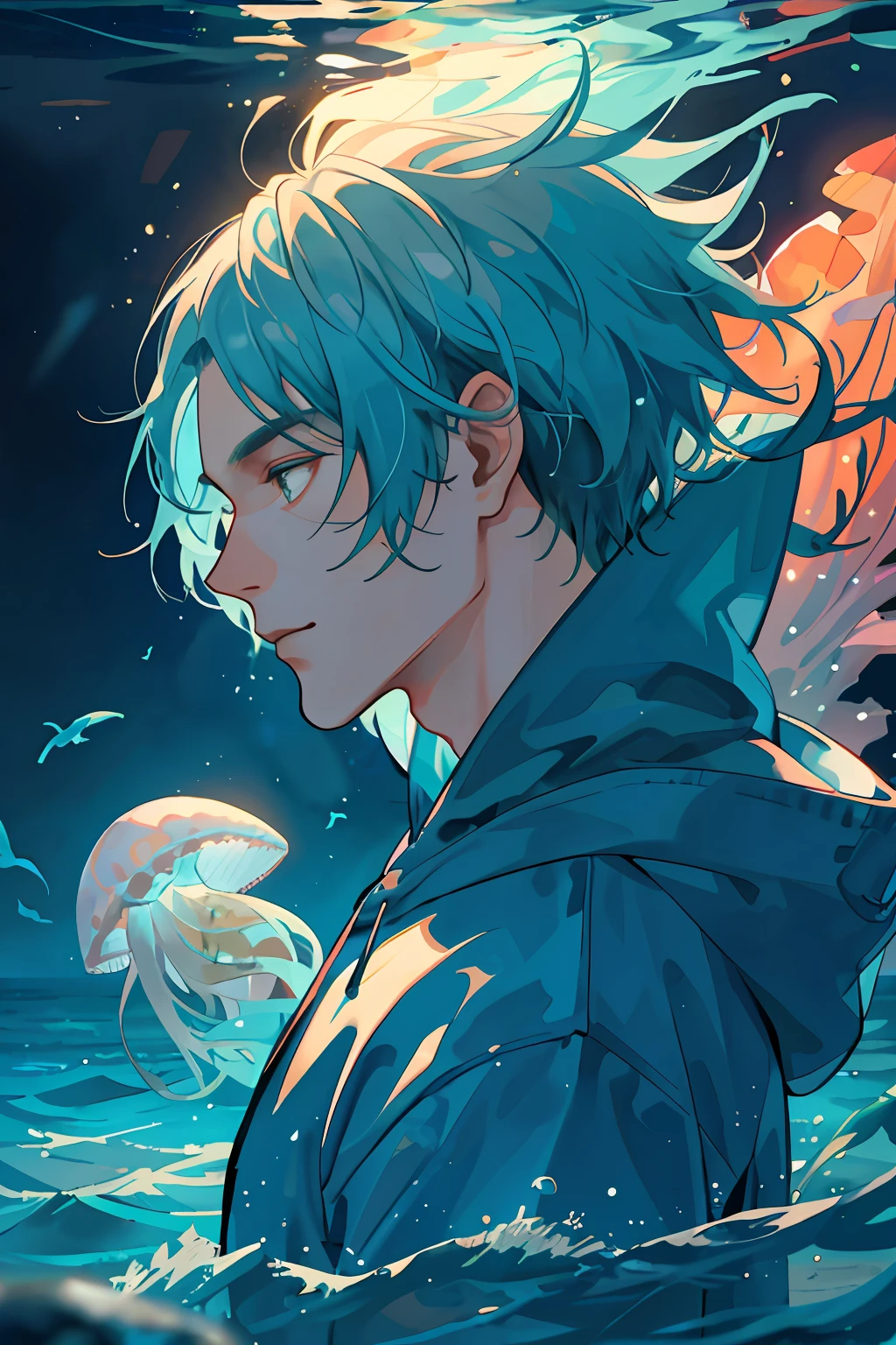 1 man, masterpiece, best quality, detailed background, solo, portrait, handsome face, muscular male, floating, hoodie, seafloor, star light, sea grass, colorful jellyfish, six heads tall, depth of field, profile picture, dolphins