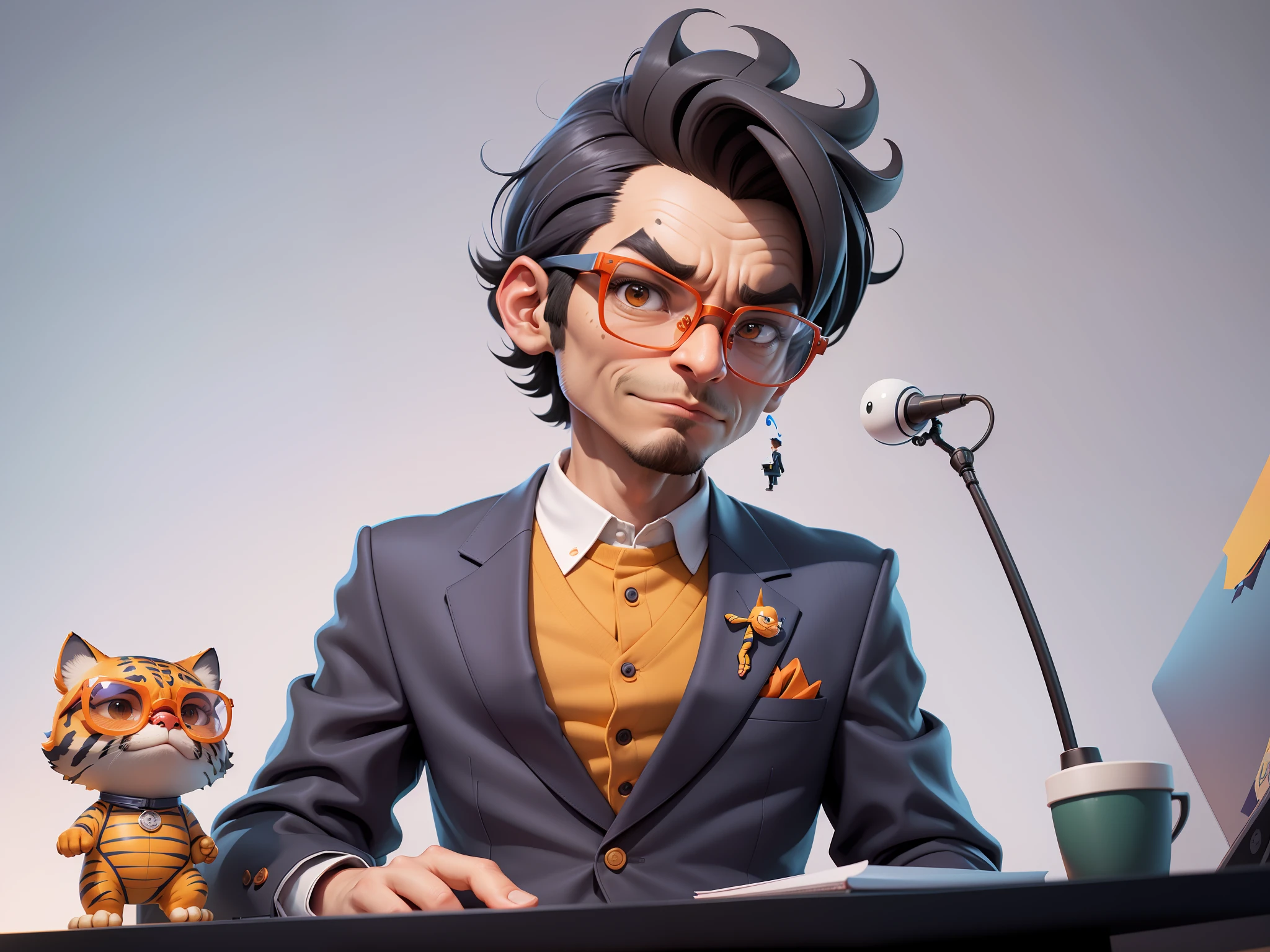 A young man in a suit, Short hair and glasses sat at his desk,holding laptop,digitial painting,tigre,3D character design by Mark Clairen and Pixar and Hayao Miyazaki and Akira Toriyama,4K HD illustration,Very detailed facial features and cartoon-style visuals。