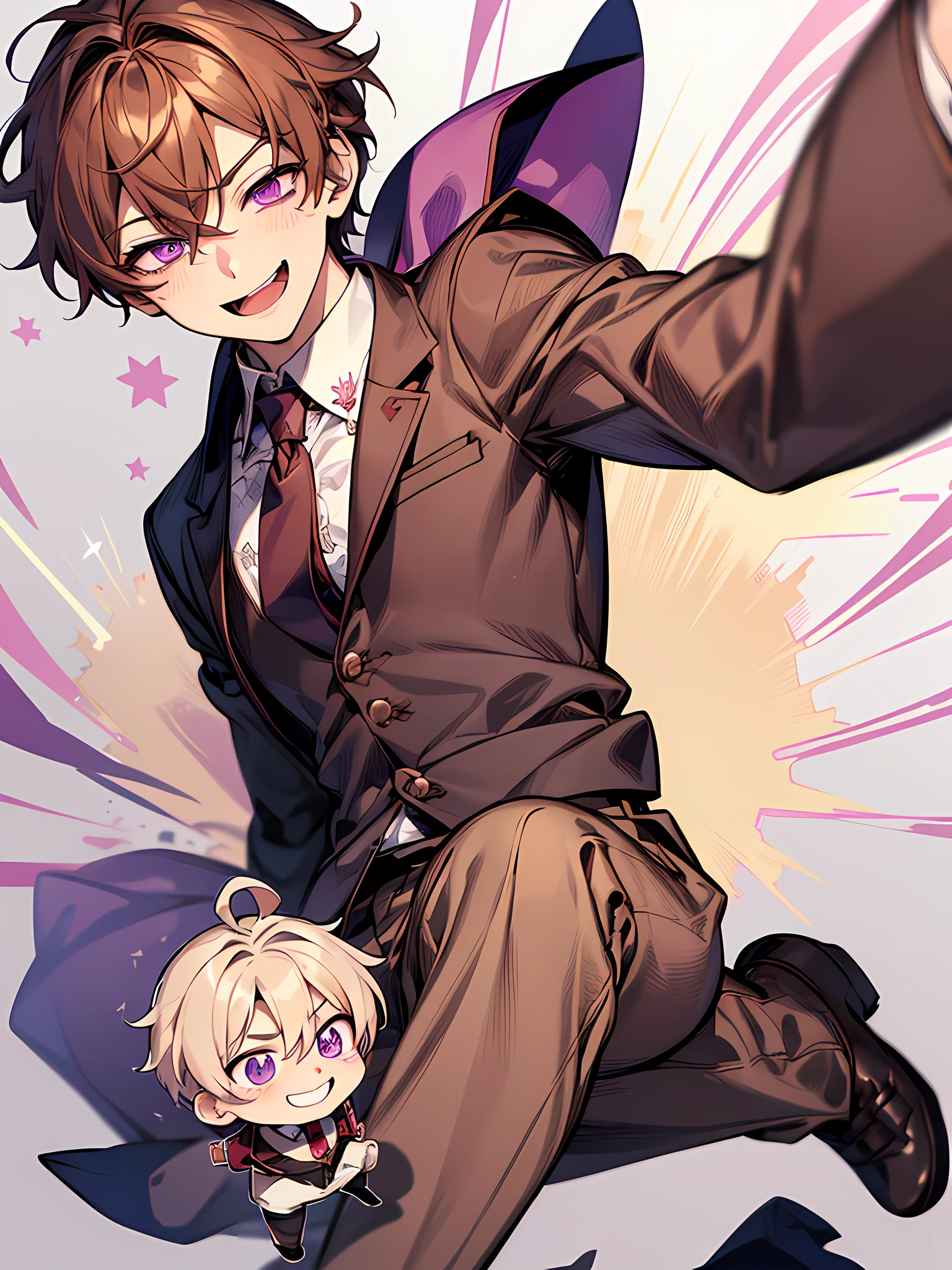 virtual_youtuber, 1boy, male_focus, solo, brown_hair, necktie, purple_eyes, brown_footwear, pants, smile, white collared shirt, hair_between_eyes, (VERY DETAILED EYES:1.5), (chibi:1.4), (emote:1), (joyful expression:1.8), cartoon, white_background, sticker