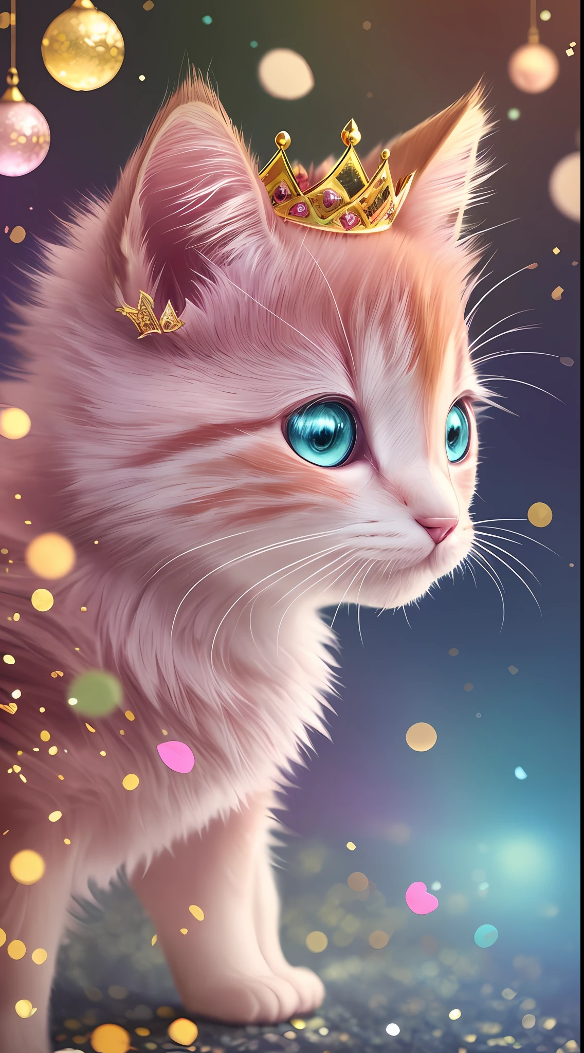 side view, oversaturate, colorfully, Fairytale, dreamlike, Cinematic character render, oil painting, 3D, 8k resolution, sequins, glitter, sakura forest, moonlight, Close up Portrait adorable chibi kawaii anthropomorphic kitten king, Detailed eyes, large round reflective eyes,