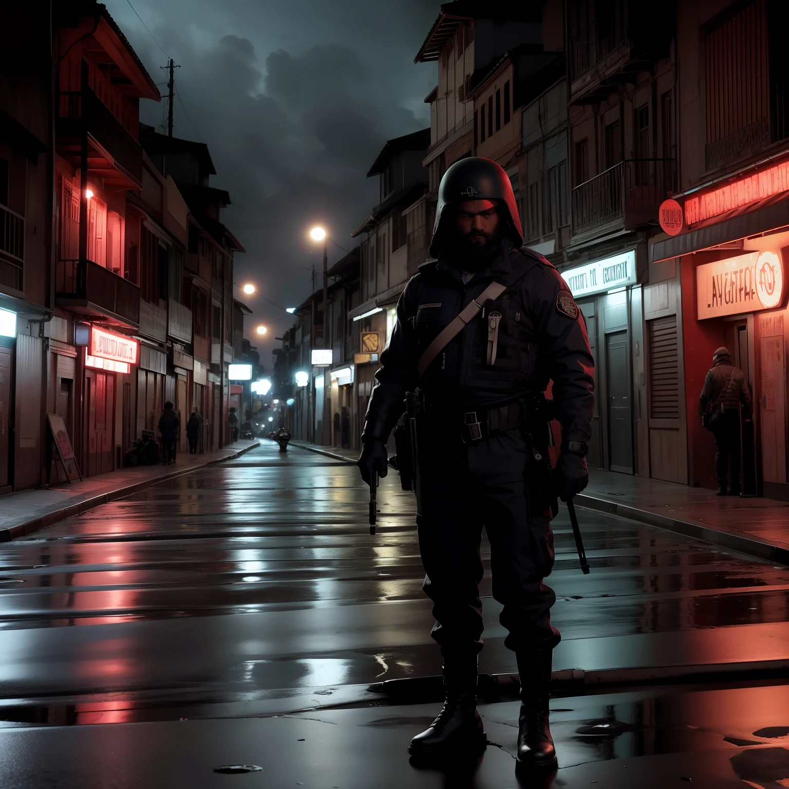 Terrorista de com capuz e uniforme preto usado e colete de assalto, usa rifle de assalto, barba, fundo arruinado, realista, elegante, hdr, detalhes intrincados, hiperdetalhado, cinemactic, luz de aro, atmosfera de perigo, ????, noite, luz vermelha, rua escura, chuva, 4k