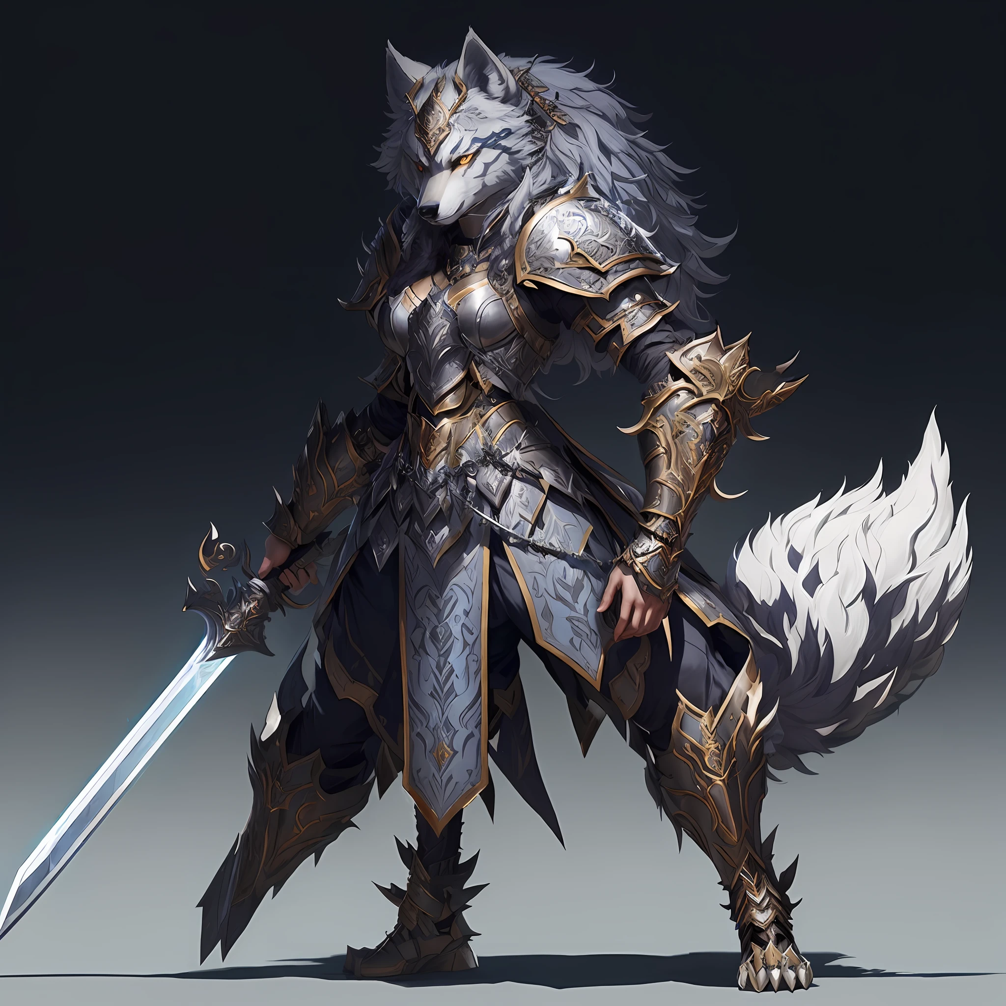 Alafed image of a man with a sword and armor, wolf armor, female anthropomorphic wolf, kitsune inspired armor, Stunning character art, epic fantasy character art, detailed digital 2d fantasy art, epic exquisite character art, Wearing intricate fur armor, warrior character design, female paladin, rpg concept art character, a very beautiful berserker woman