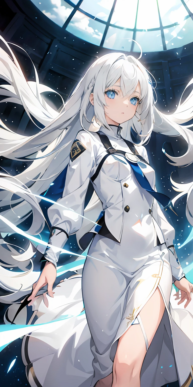 Anime, 1girl, white hair, blue eyes, light particles, light rays, long hair,  white shirt, sanctuary,
