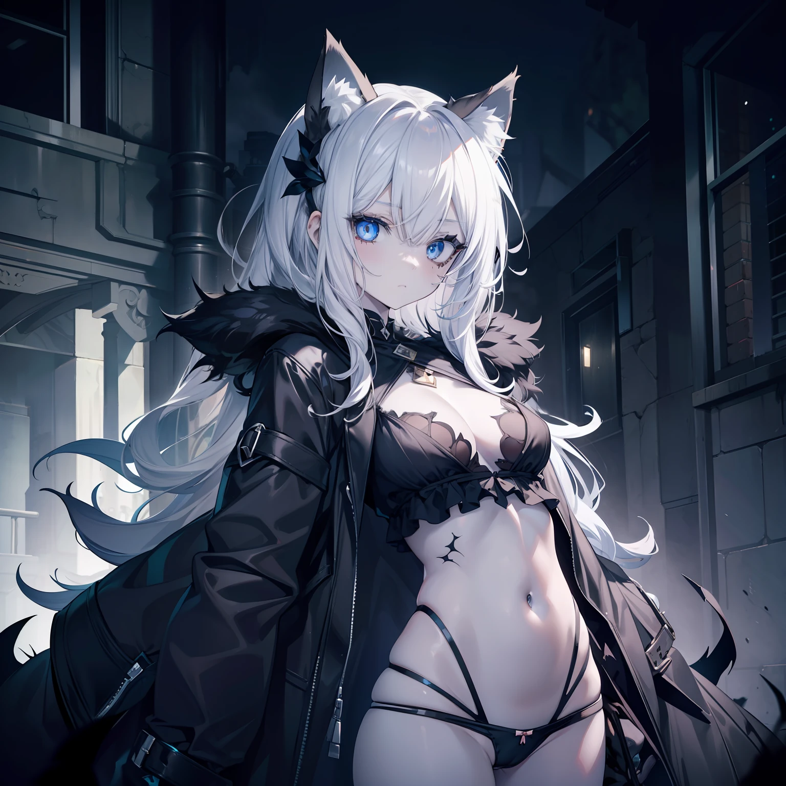 monster girl, (big cat ears:1.2), (black sclera:1.0), (cracked skin:1.2), (glowing eyes:0.9), upright gray hair, small breast, blue eyes Female genitalia are visible through panties