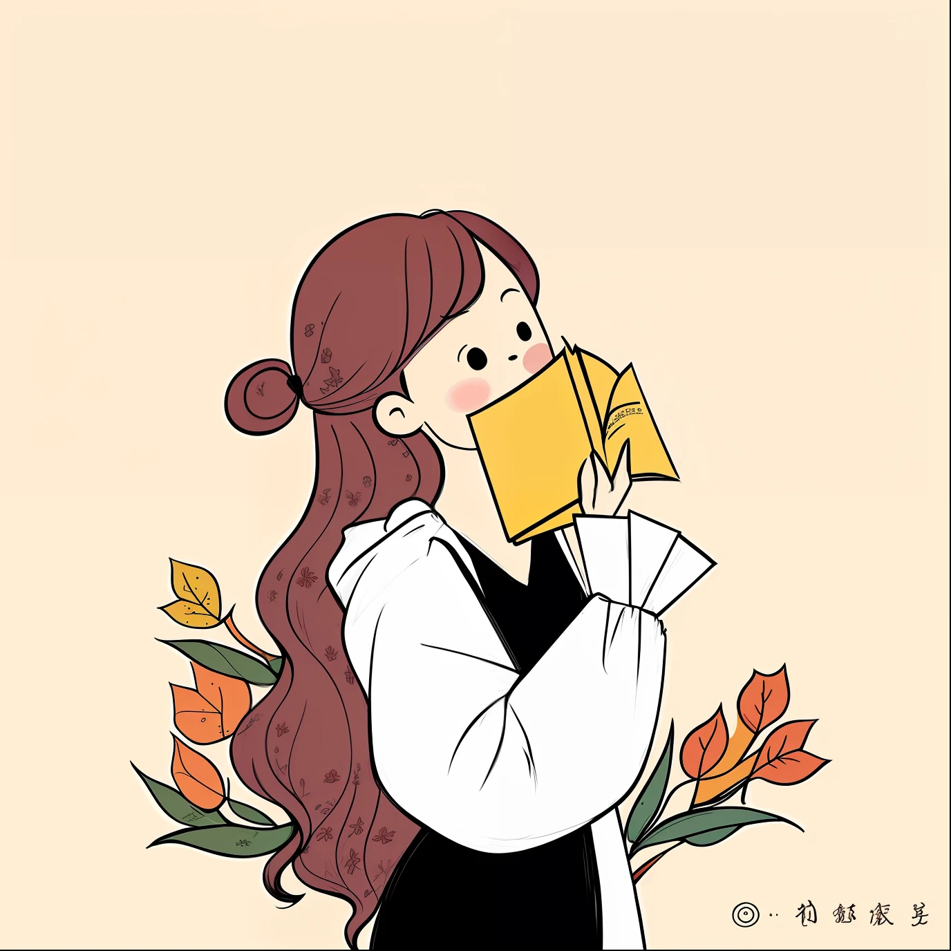 Cartoon girl with long hair drinking from a yellow cup, Reading a book, Holding a book, reading new book, by Yang J, lovely art style, holding books, author：Golden Farmer, lofi-girl, By Ni Tian, 🍁 Cute, cute illustration, Thoughtful ), author：Middle Bokuhn, By Ni Duan, INFP Girl, Large)}]