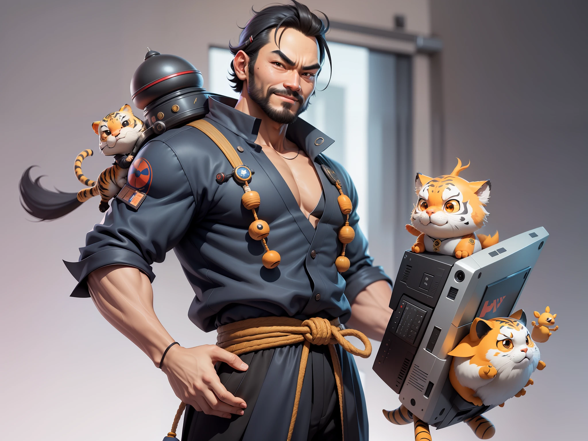 (Daisaku),(Need),(Super meticulous),(full bodyesbian:1.2),Super young man with Japanese geisha，Beautiful，orient，one tiger，Aeolian Thor，Raised sexy，爆乳，Oriental face，TV Anchor，Bust portrait illustration，In black suit，a blue tie，The face is slightly chubby，The face was clean，without a beard，Black super short hair，Black eyes，Smile confidently，3C computer sub-products，iPad， iphone，Digital painting，3D character design by Mark Clairen and Pixar and Hayao Miyazaki and Akira Toriyama，The illustration is a high-definition illustration in 4K resolution，With very detailed facial features and cartoon-style visuals。
