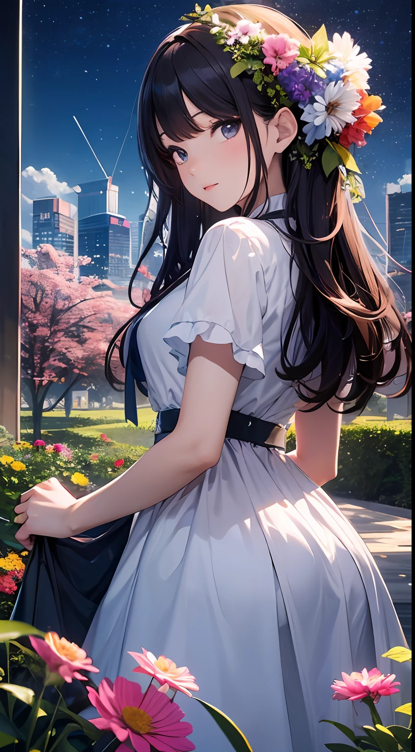 (Close-up of the painting style,8k ultra high definition,Masterpiece grade vista CG wallpaper),Beautiful skyline,Magnificent sky,美丽细致的眼睛,cute girly,Perfect slim body,shift dresses,Pure eyes,The skin is smooth like a baby,Stand on an island in the sea,Overlooking the earth,Skysky,the trees,Colorful flowers and plants。