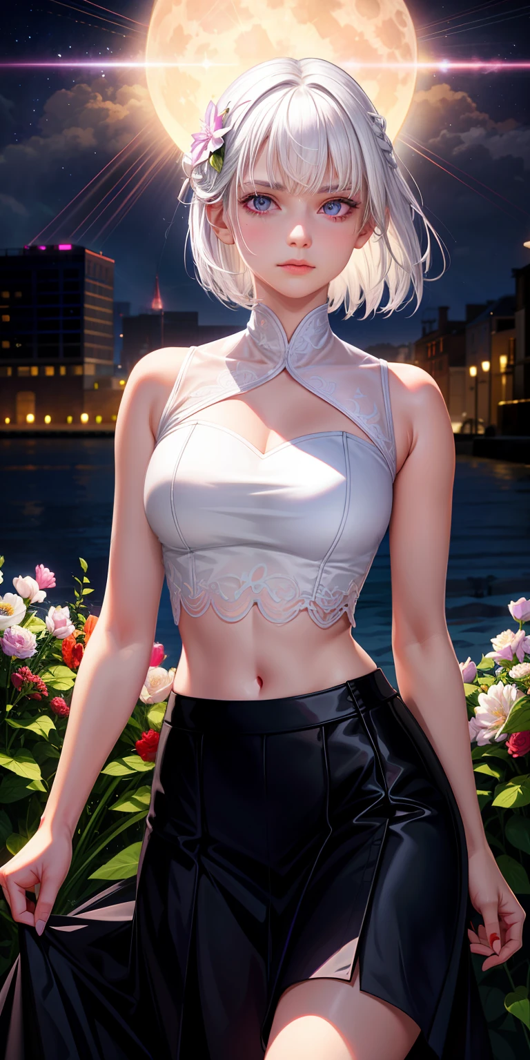 realisticlying,1girl,White hair,Purple eye,glowing light eyes,Cut the top,a skirt,parted lip,Be red in the face,the night,fresh flowers,themoon,rays of moonlight