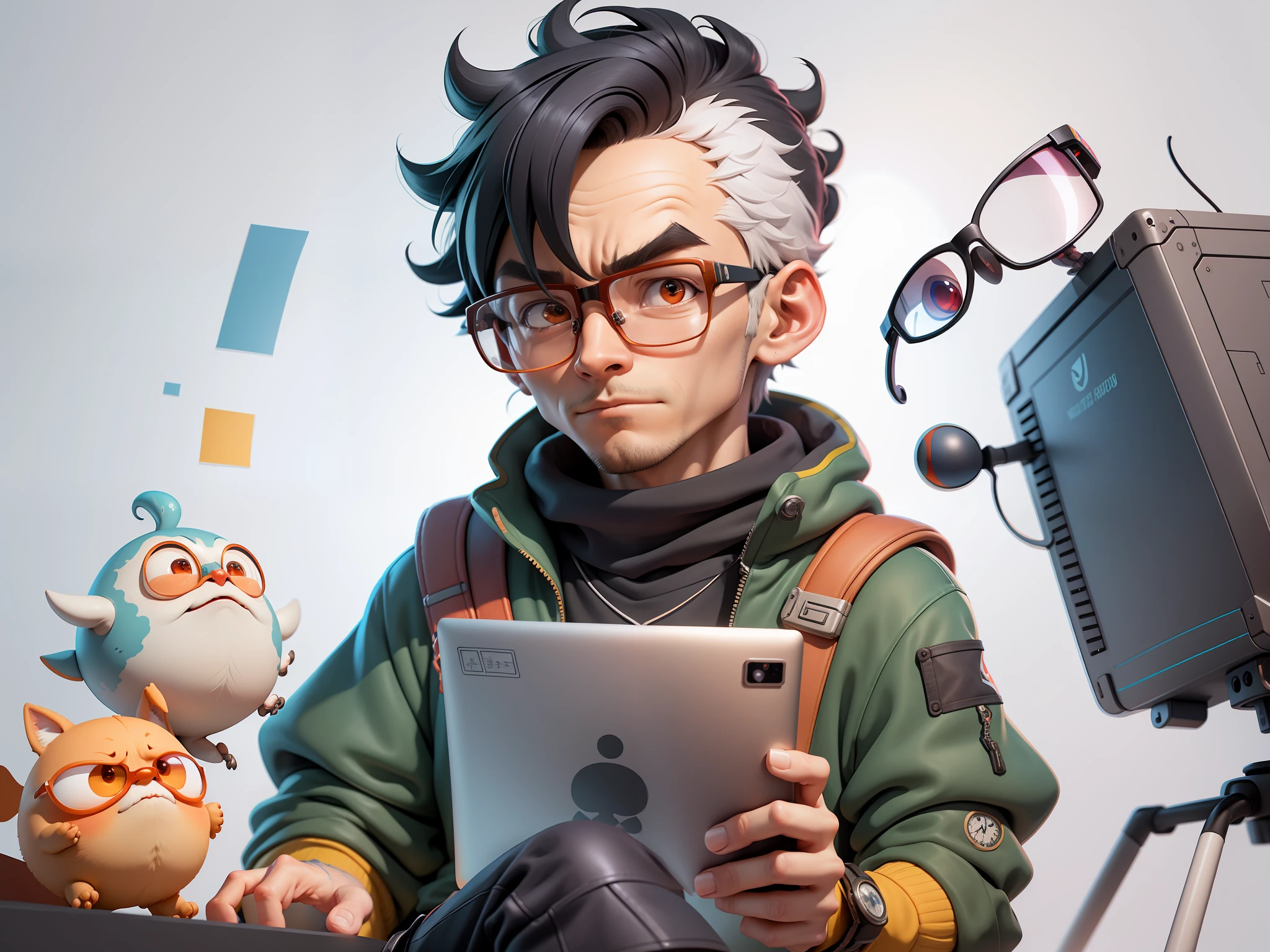 A young man with glasses sits at his desk，holding laptop，digitial painting，3D character design by Mark Clairen and Pixar and Hayao Miyazaki and Akira Toriyama，4K HD illustration，Very detailed facial features and cartoon-style visuals。