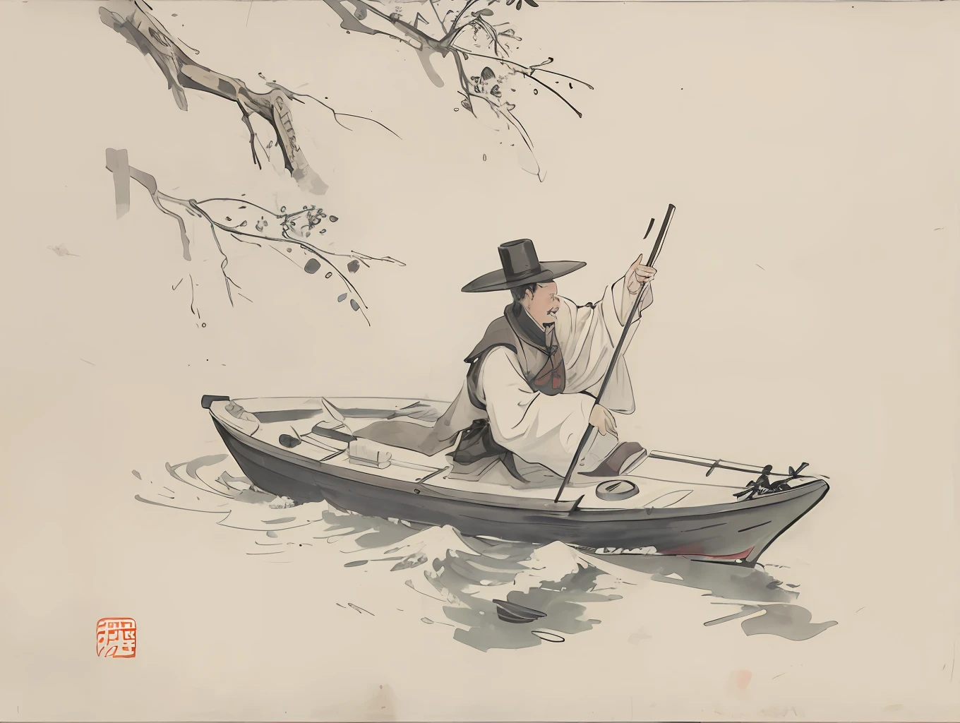 (tmasterpiece,best qualtiy:1.2),Tradition Chinese Ink Painting,yuki,boat,A man wearing a cape sits on a boat fishing,flod,The tree,Thatched cottage,Fence wall made of bamboo poles,