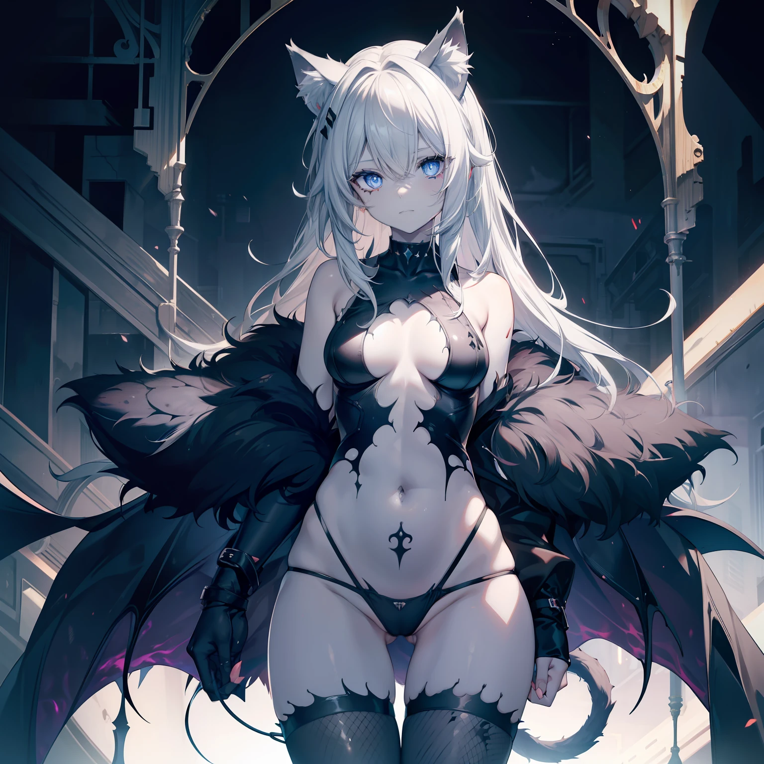 monster girl, (big cat ears:1.2), (black sclera:1.0), (cracked skin:1.2), (glowing eyes:0.9), upright gray hair, small , blue eyes Female  are visible through panties