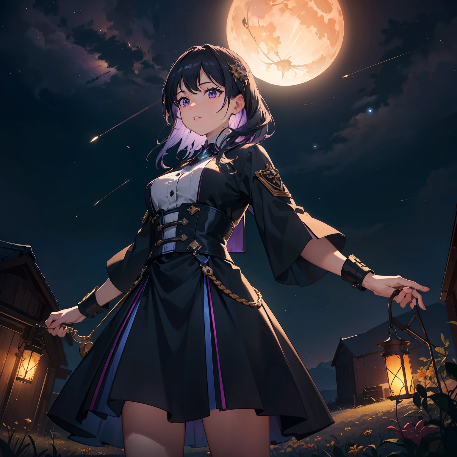 expansive landscape photograph , (a view from below that shows sky above and open field below), a girl standing on flower field looking up, (full moon:1.2), ( shooting stars:0.9), (nebula:1.3), distant mountain, tree BREAK
production art, (warm light source:1.2), (Firefly:1.2), lamp, lot of purple and orange, intricate details, volumetric lighting BREAK
(masterpiece:1.2), (best quality), 4k, ultra-detailed, (dynamic composition:1.4), highly detailed, colorful details,( iridescent colors:1.2), (glowing lighting, atmospheric lighting), dreamy, magical, (solo:1.2)