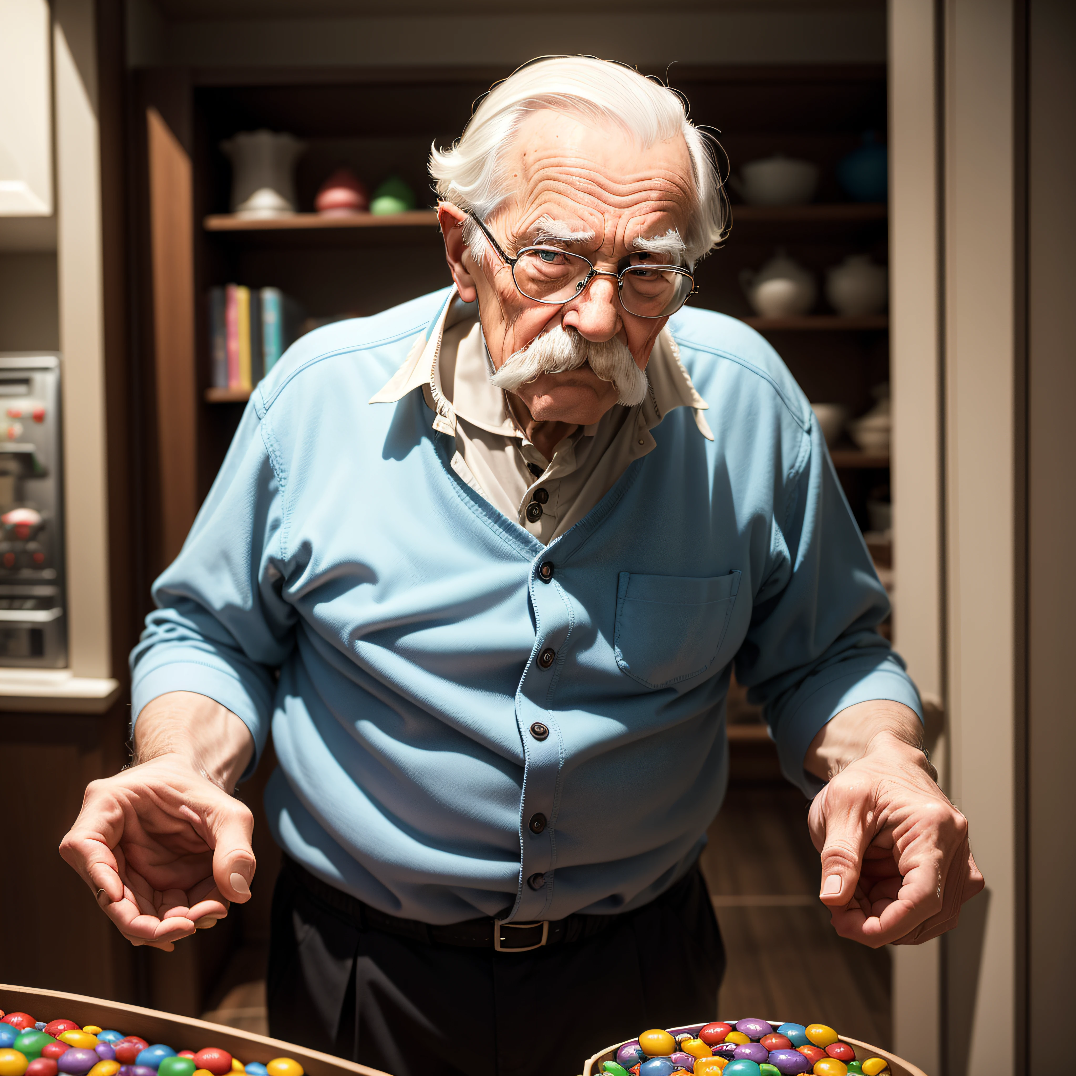 "elderly gentleman with mustache longingly extends his hand towards a shelf adorned with a bag of colorful M&M candies, he is in empty commons room of old folks home, capturing the essence of nostalgia and desire, perfect hands."