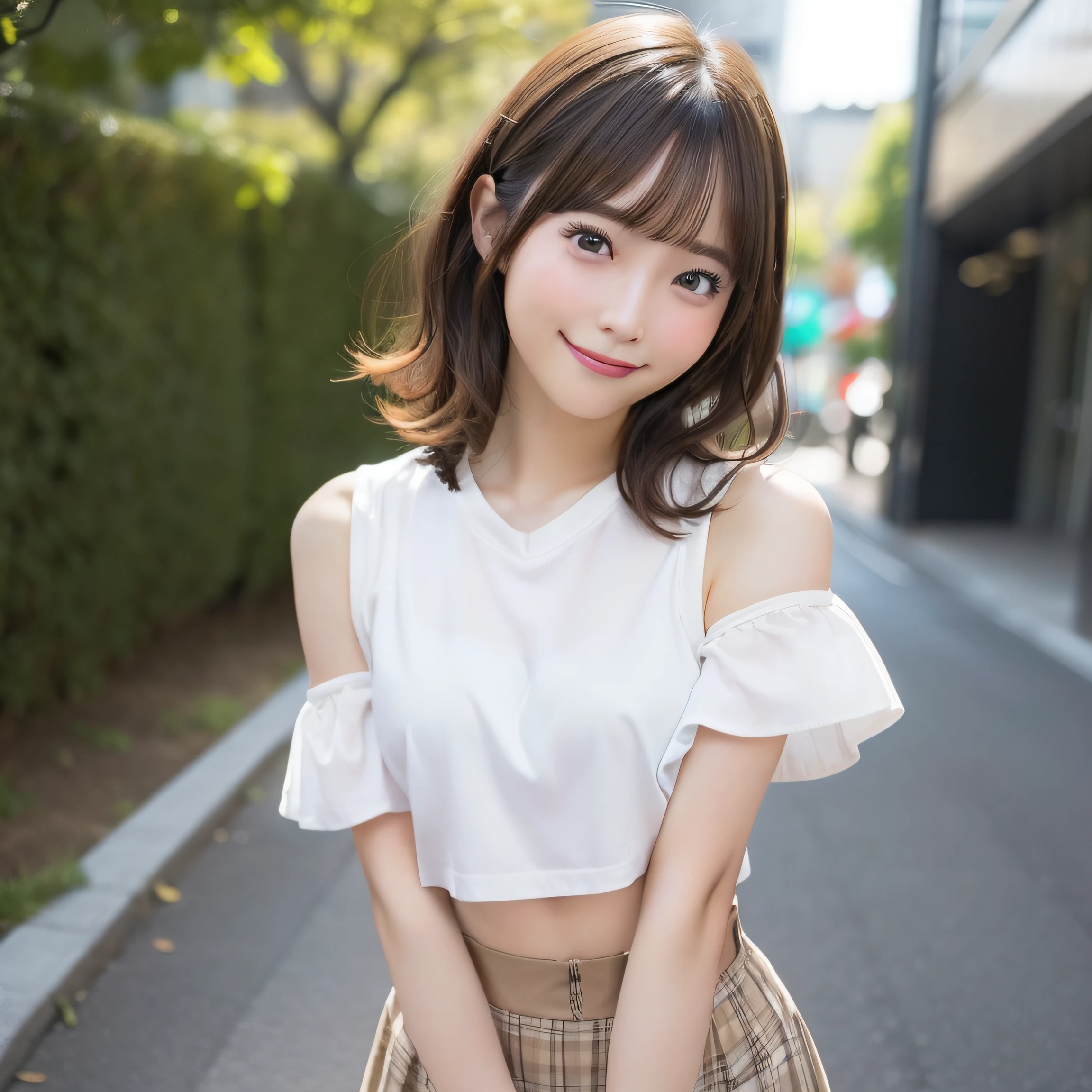8K、Best Quality, 超A high resolution:1.2, (Photorealistic:1.4)、masterpiece:1.3、Raw photo、 (FULL BODYSHOT:1.5)、((ample breasts、tomgirl、the head is small))、(Chiseled abs : 1.3)、realistic eyes and face details:1.3、dual、(the perfect body : 1.1)、(short wavy hair : 1.2)、crowdedstreets、Cute clothes、Check skirt、thighs thighs thighs thighs、1日本人の女の子、 Cute、natural skin textures:1.2、 (Shy smile)、 Smooth skin, (Brown medium hair,Bangs)、nogizaka、Beautiful black eyes:1.3、Hands behind your hips、The camera is from a little lower、 (Background is blurry:1.4),Gravure Pose