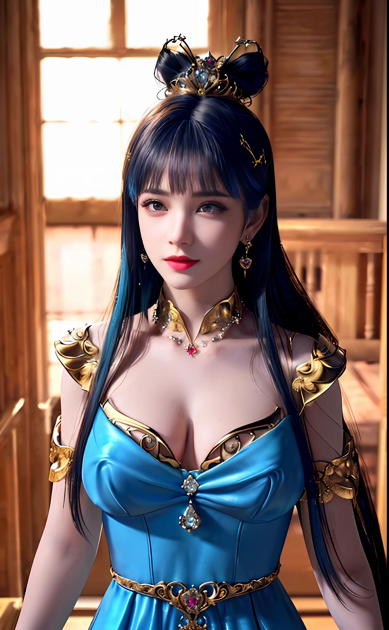 ((realisticity: 1.2)), ((best resolution: 8K UHD)), best quality,masterpiece,highres,cg,
((1 super detailed and super realistic girl)), ((very beautiful queen dazzling, super realistic, and super detailed)),((white skin, beautiful, smooth, youthful, super realistic and super detailed
)), long hair, ((super realistic and super detailed dress)), solo, ((super realistic, super beautiful, gorgeous and super detailed jewelry)), ((super beautiful, super realistic and super detailed dark red and golden yellow dress)),
((super beautiful, super realistic, super detailed diamond filled earrings)),
((super beautiful, super realistic and super detailed diamond filled hair ornament)), ((super beautiful upper body, super beautiful, super realistic and super detailed)), ((big breasts: 2.5)),
((super grand, super realistic and super detailed royal palace backgroun))
((super beautiful, super beautiful, super realistic and super detailed hair bun)), ((super beautiful, super realistic and super detailed blue hair)),
candid, Photograph, high resolution, 8k,Bokeh,