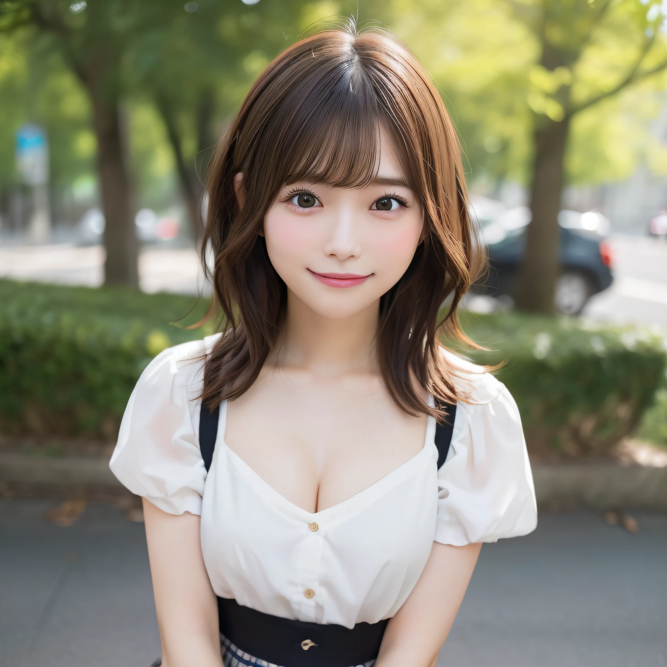 8K、Best Quality, 超A high resolution:1.2, (Photorealistic:1.4)、​masterpiece:1.3、Raw photo、 (FULL BODYSHOT:1.5)、((ample breasts、tomgirl、the head is small))、(Chiseled abs : 1.3)、realistic eyes and face details:1.3、dual、(the perfect body : 1.1)、(short wavy hair : 1.2)、crowdedstreets、Cute clothes、Check skirt、thighs thighs thighs thighs、1日本人の女の子、 Cute、natural skin textures:1.2、 (Shy smile)、 Smooth skin, (Brown medium hair,Bangs)、nogizaka、Beautiful black eyes:1.３、Hands behind your hips、The camera is from a little lower、 (Background is blurry:1.4),Gravure Pose