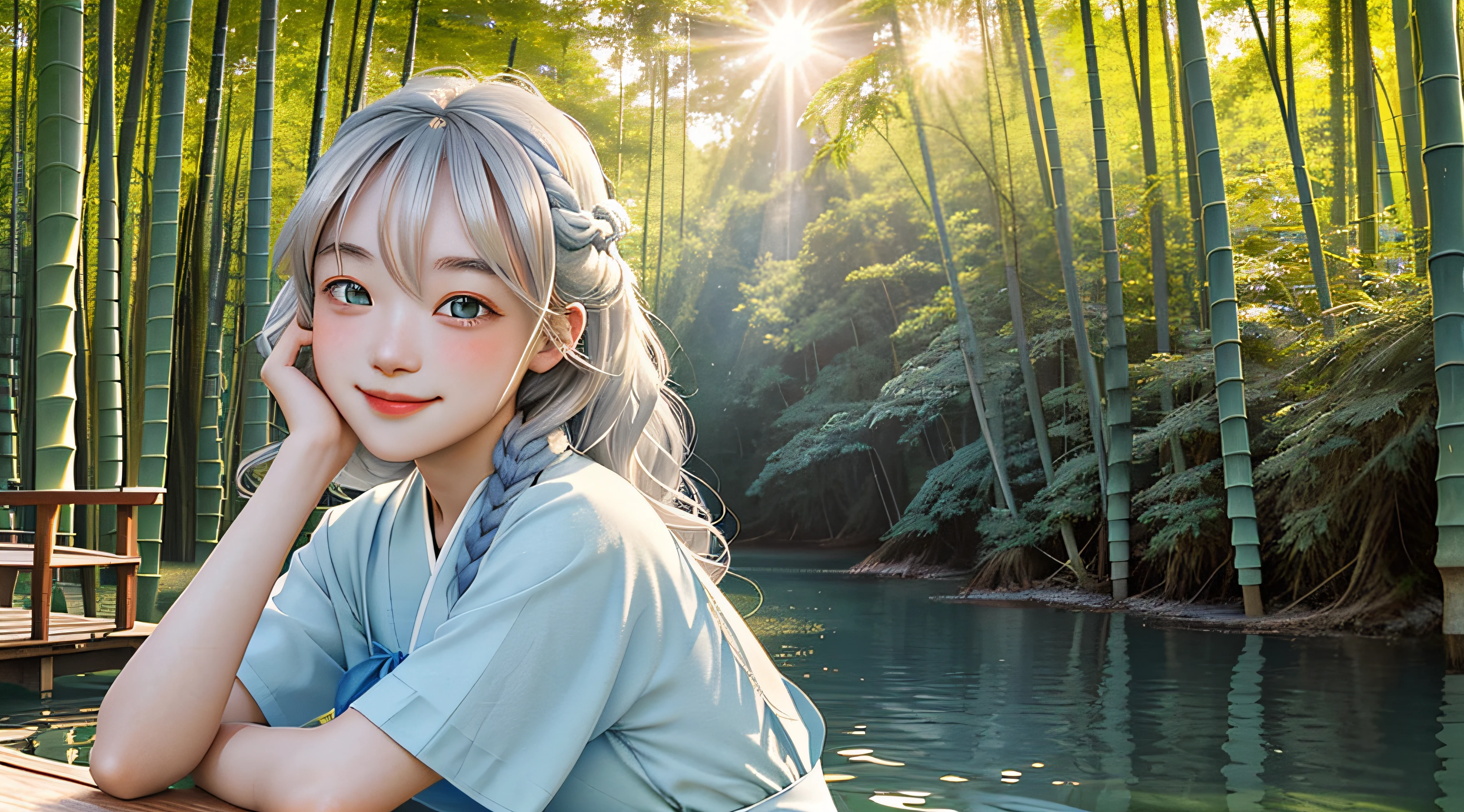 On the blue sky，There are seven summer rainbows in the bamboo forest during the day，and the sun was shining brightly，There is soft natural light, Dingdall effect，An intimate portrait of a young girl about eighteen years old，The girl's appearance is thick eyebrows，There are big watery eyes，The girl has long silver hair，Bangs between the eyebrows，Double up braid，The ornaments of rabbit ears are worn on the head，She blushed，Sitting alone on a wooden pier in a light blue Hanfu，A wooden pier juts out onto the tranquil lake，The girl closed her mouth，smiling at viewer，Hands resting naturally and effortlessly on your knees，A happy smile on his face。The sun casts a warm glow on the scene，Illuminate ripples in the water，Cast a soft shadow on the girl's face。Behind her，The dense forest stretches into the distance，The green bushes contrast with the pale blue sky above。Despite the tranquility of the surroundings，But there was a palpable sense of joy in the girl。