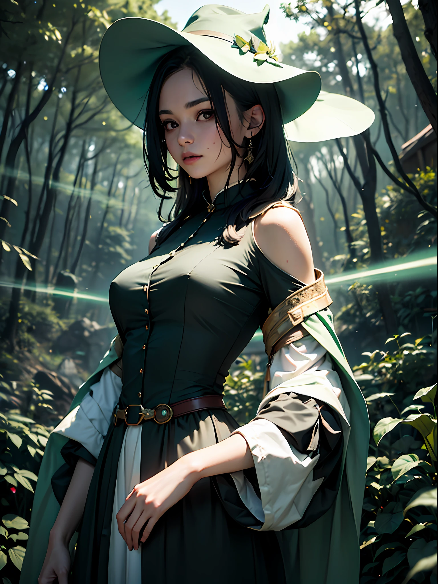 (Simple green witch robe and big green shirt,Cute girl with simple green witch big hat and braid, Cute black hair girl, Approx., short height, Dark hair , Green dressing gown, Split lips,Upper body, light Particle, forest, Intense sunlight,Effect of twinkling aerial light,Oversized shirt),​masterpiece, top-quality, in 8K, detailed skin textures, Detailed Cloth Texture, beautifull detailed face, intricate detailes, ultra-detailliert, regina display, super detail, high details, high quality, best quality, highres, UHD, 1080P, HD, 4K, 8K,