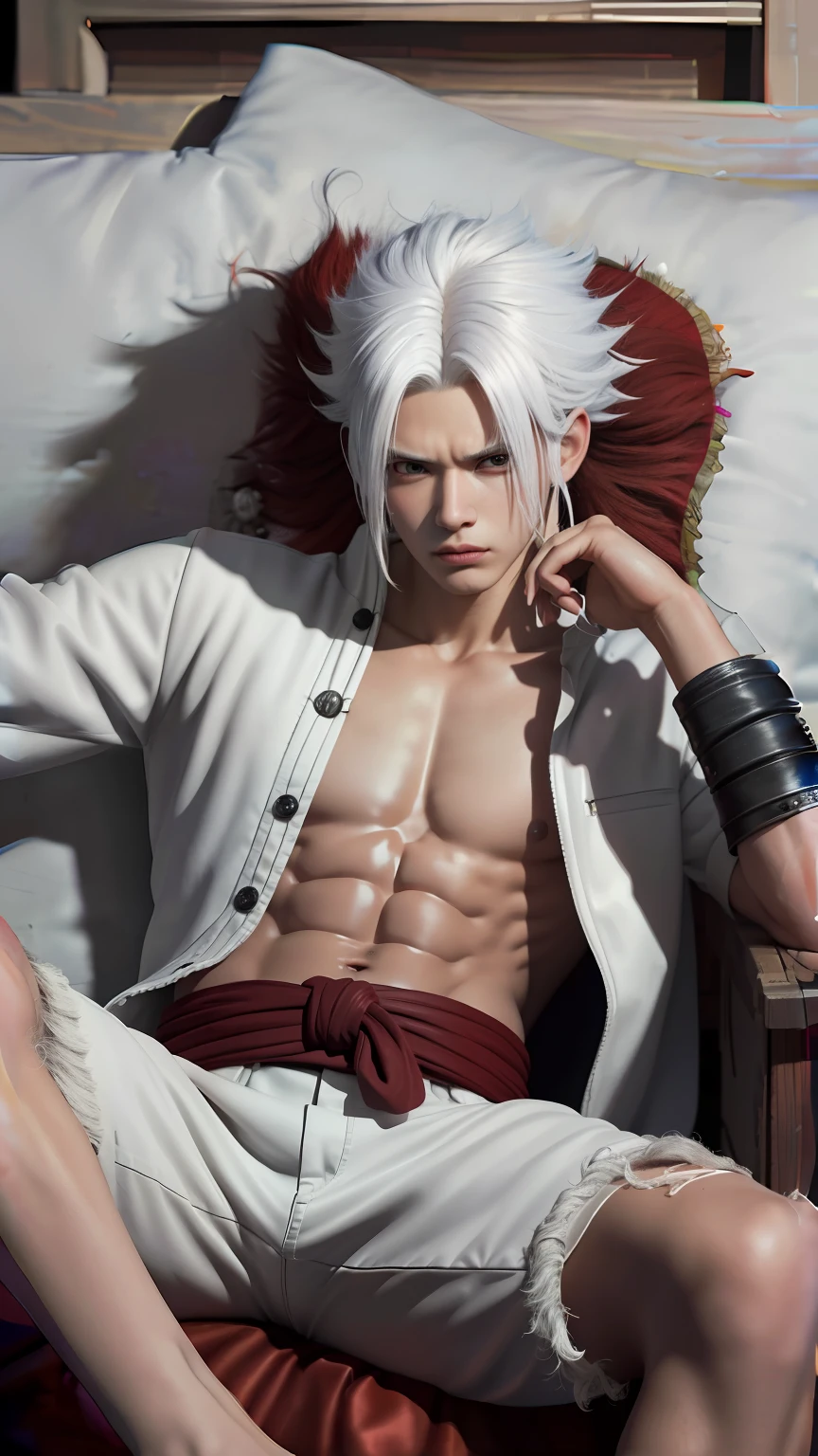 Best quality, ultra high resolution, ultra-detailed,realistic,18 years old,boy,8k,Luffy,one piece,White flame hair,Luffy gear 5,handsome,Naruto hair,white hair,hair up,Naruto.