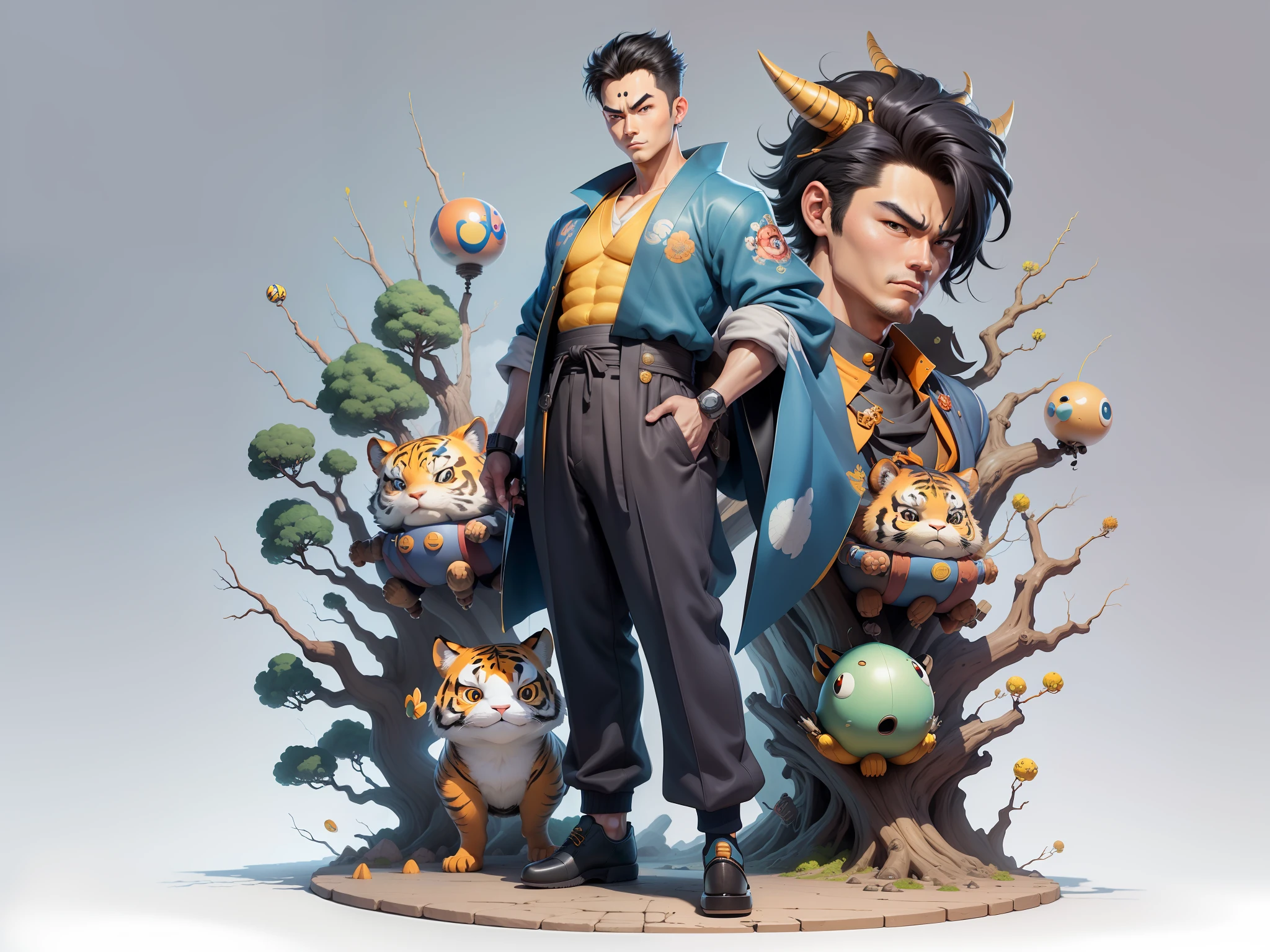 (Masterpiece), (Excellent), (Super Meticulous), (Full Body: 1.2), Super Young Man, Oriental Face, Japanese Kimono, Japanese Wind Thunder God, Dragon, Tiger, TV Anchor, Bust Portrait Illustration, Alone, Black Suit, Blue Tie, Slightly Chubby Face, Very Clean Face, No Beard, Black Super Short Hair, Black Eyes, Confident Smile, 3c Computer Sub-Products, iPad, iPhone, Digital Painting, 3D Character Design by Akira Toriyama and Mark Claireden and Pixar and Hayao Miyazaki, The illustration is a high-definition illustration in 4K resolution with very detailed facial features and cartoon-style visuals.