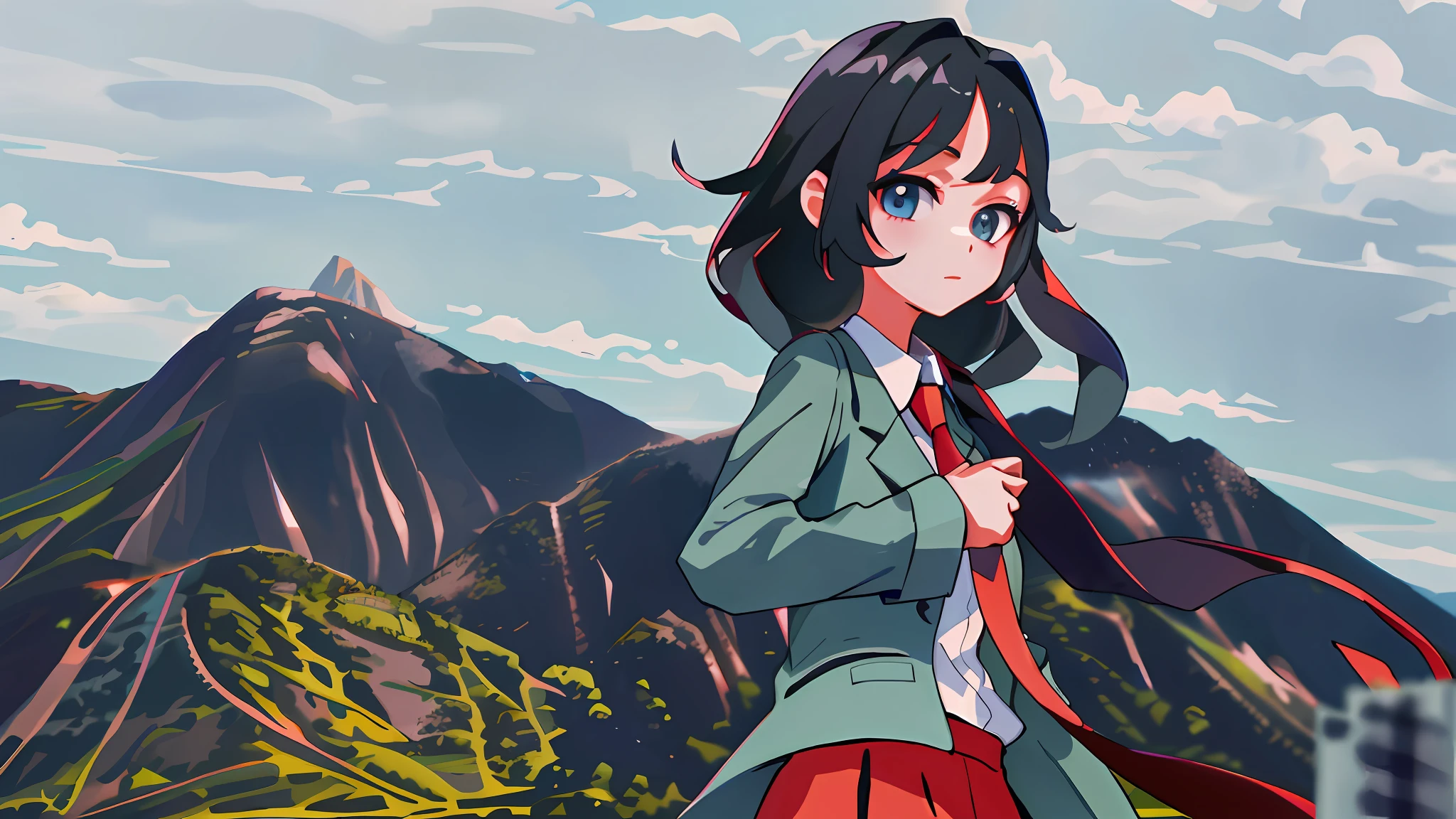 1girll，Business suit，high-heels，HighestQuali，Cinematic footage，Ultra-clear，Mountains and blue sky in the background，cold shades，red flags，