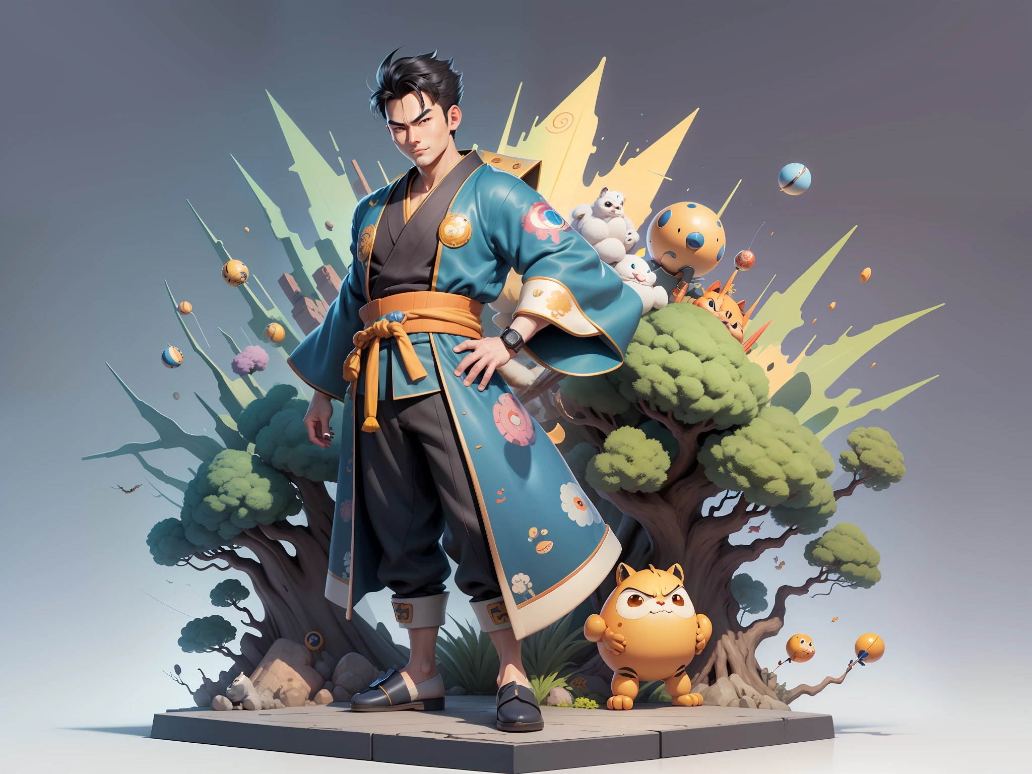 (Masterpiece), (Excellent), (Super Meticulous), (Full Body: 1.2), Super Young Man, Oriental Face, Japanese Kimono, Japanese Wind Thunder God, Dragon, Tiger, TV Anchor, Bust Portrait Illustration, Alone, Black Suit, Blue Tie, Slightly Chubby Face, Very Clean Face, No Beard, Black Super Short Hair, Black Eyes, Confident Smile, 3c Computer Sub-Products, iPad, iPhone, Digital Painting, 3D Character Design by Akira Toriyama and Mark Claireden and Pixar and Hayao Miyazaki, The illustration is a high-definition illustration in 4K resolution with very detailed facial features and cartoon-style visuals.