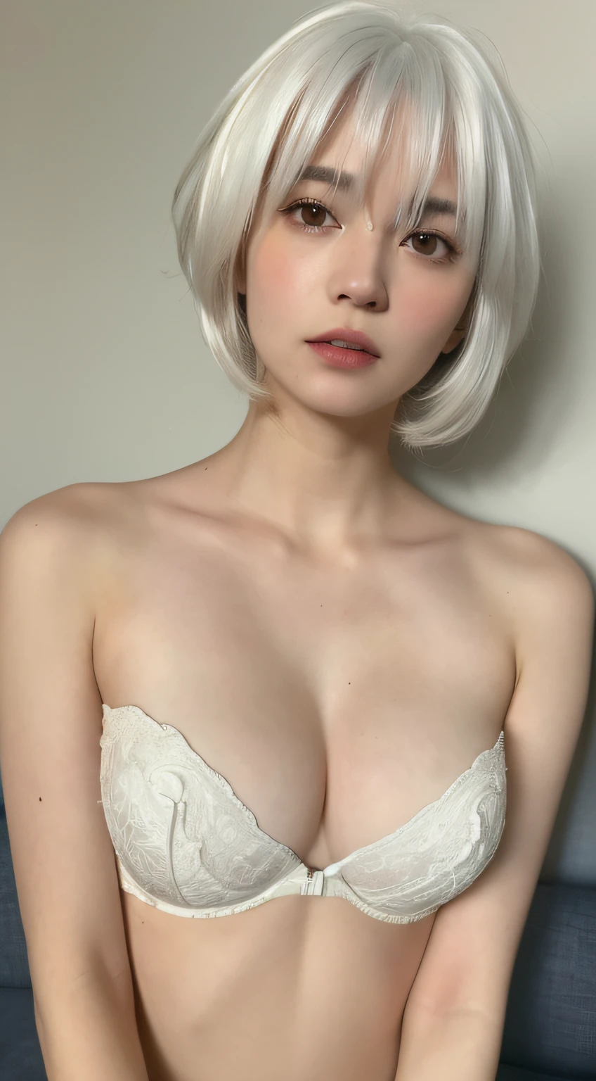 ((Cinematic light, Best quality, 8k, Masterpiece :1.3)), 1girl, Pretty woman with slender abs :1.4, (ted white hair, small breasts :1.3),string panties, bra :1.2, strapless, seductive open lips, Couch, Ultra-detailed face, Detailed eyes, Double eyelid