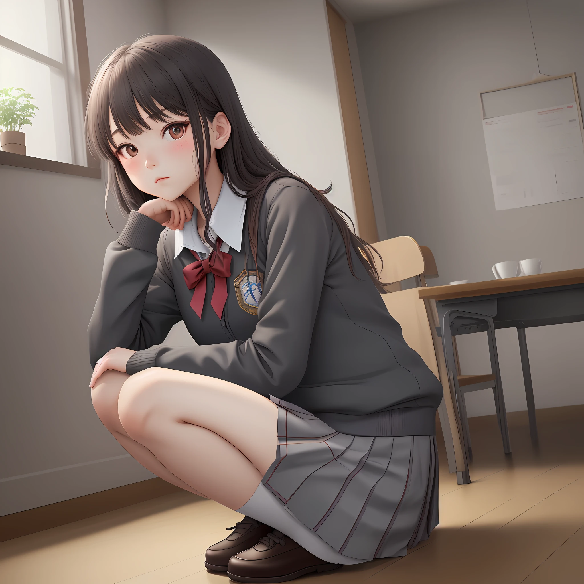 ogiwara sayu, 1girl, solo, school uniform, long sleeves, skirt grey, blush, (absurdres), (highres), looking at viewer, indoor, house, squatting, (extremely detailed CG unity 8k wallpaper,masterpiece, best quality, ultra-detailed)