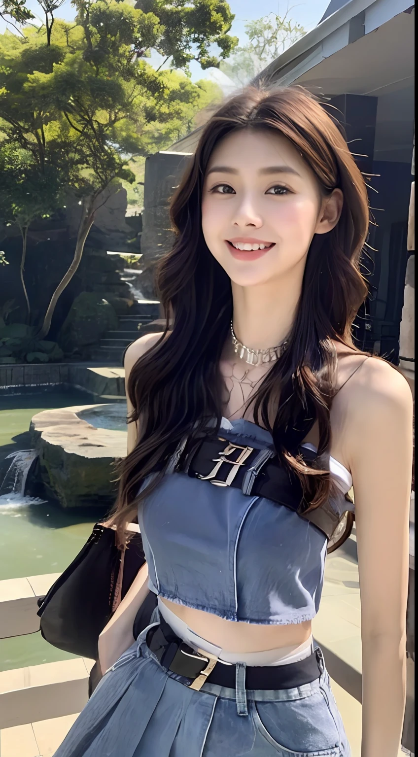 Black skinny denim wide-leg pants，Girls around 20 years old，（Gray hair），A sweet smile，Delicate and beautiful white goddess，ssmile，Fine facial features，Hair over the shoulder，A brown-haired，long leges，rays of sunshine，facing at camera，The body is well-proportioned and firm，Gentle eyes，fine thighs，stand posture，Stand next to the waterfall，Full body photo