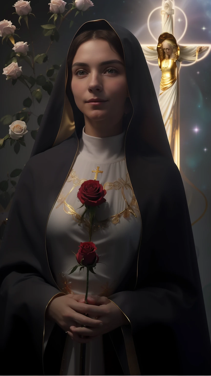 (((Holy VIRGIN MARY MYSTICAL ROSE. 19 years old))) ((( Con una cara seria y piadosa. Con una mirada dulce y tierna))) (obra maestra, calidad superior, mejor calidad, arte oficial, beautiful and aesthetic: 1.2), (1girl), extremadamente detallado, (Arte fractal: 1.3), colorido, highest detailed, Cara perfecta, parte superior del cuerpo, HDR, (orando: 1.3), (golden lines of white coat: 1.2), galaxia, (rayas de luz), eye-catching visuals, (dynamic stripes, senderos luminosos: 1.2), colores vibrantes,